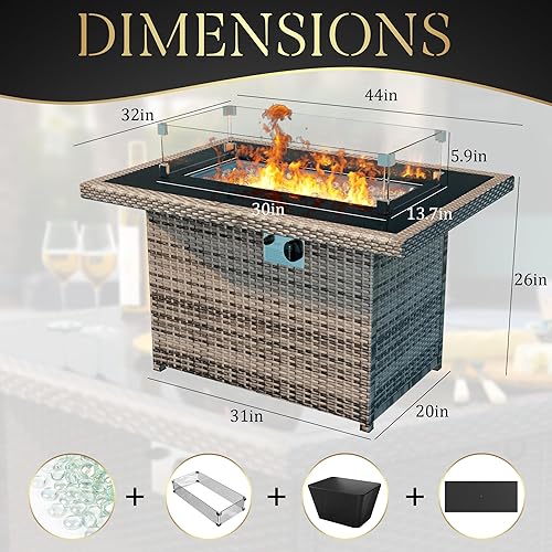 Miniatura 7 de Yoyomax Mesa para fogata de propano de ratán tejido a mano de 44 pulgadas, salida de calor de 60,000 BTU, sin humo, parte superior de vidrio, marco