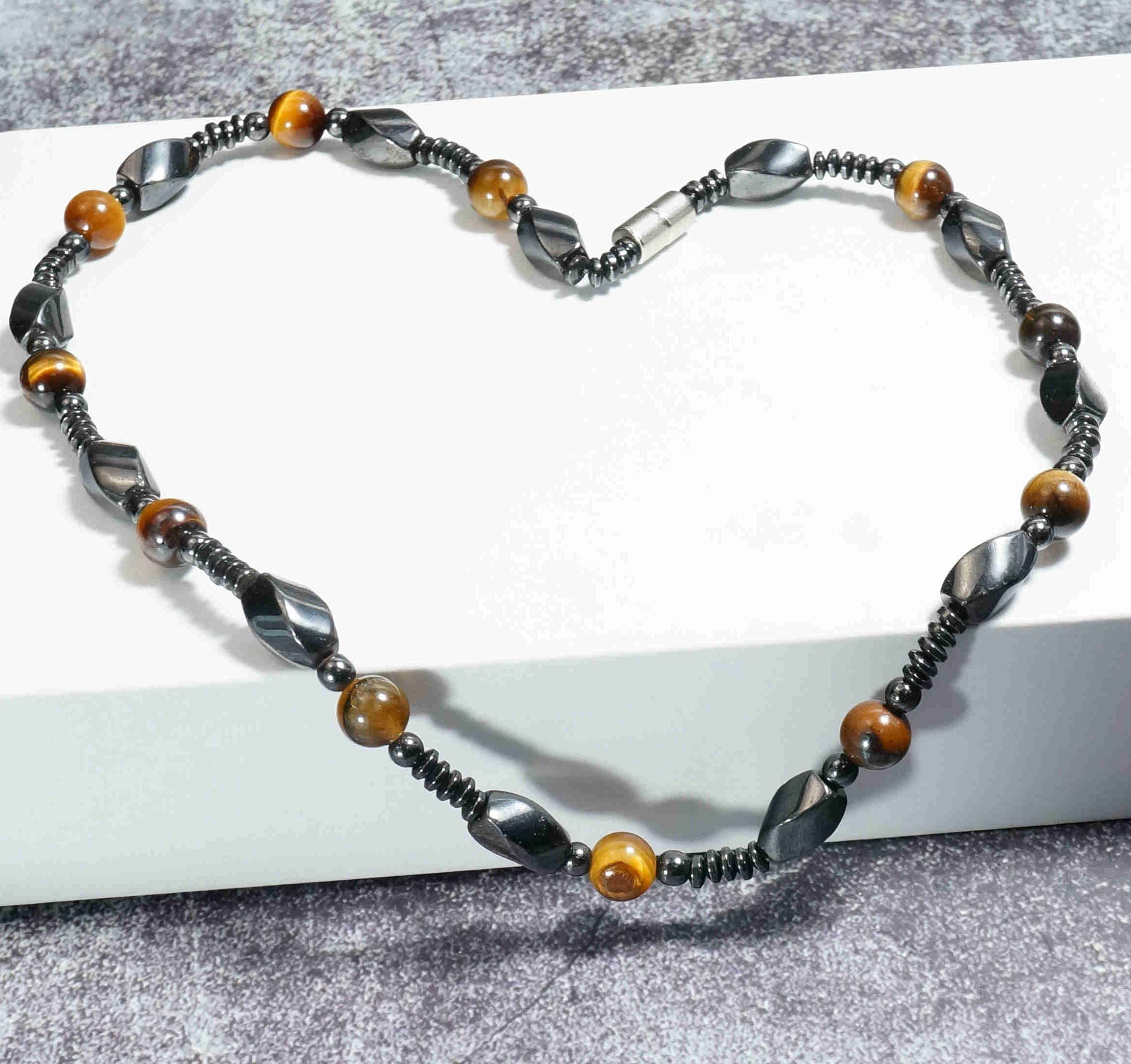 Ensemble collier et bracelet de perles en hématite magnétique et œil de tigre pour homme – Mala sans cou – Ensemble de bijoux (M)