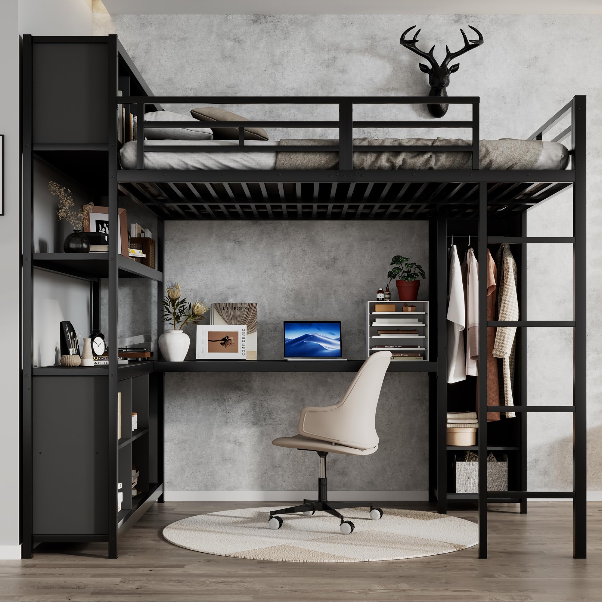 Etagenbett Kinderbett 140x200 cm, Eisenbett Hochbett mit Stauraum Schreibtisch, Einzelbett Metallbett Bett mit Kleiderschrank, Leiter und Lattenrost aus Metallrahmen, ohne Matratze (Schwarz)