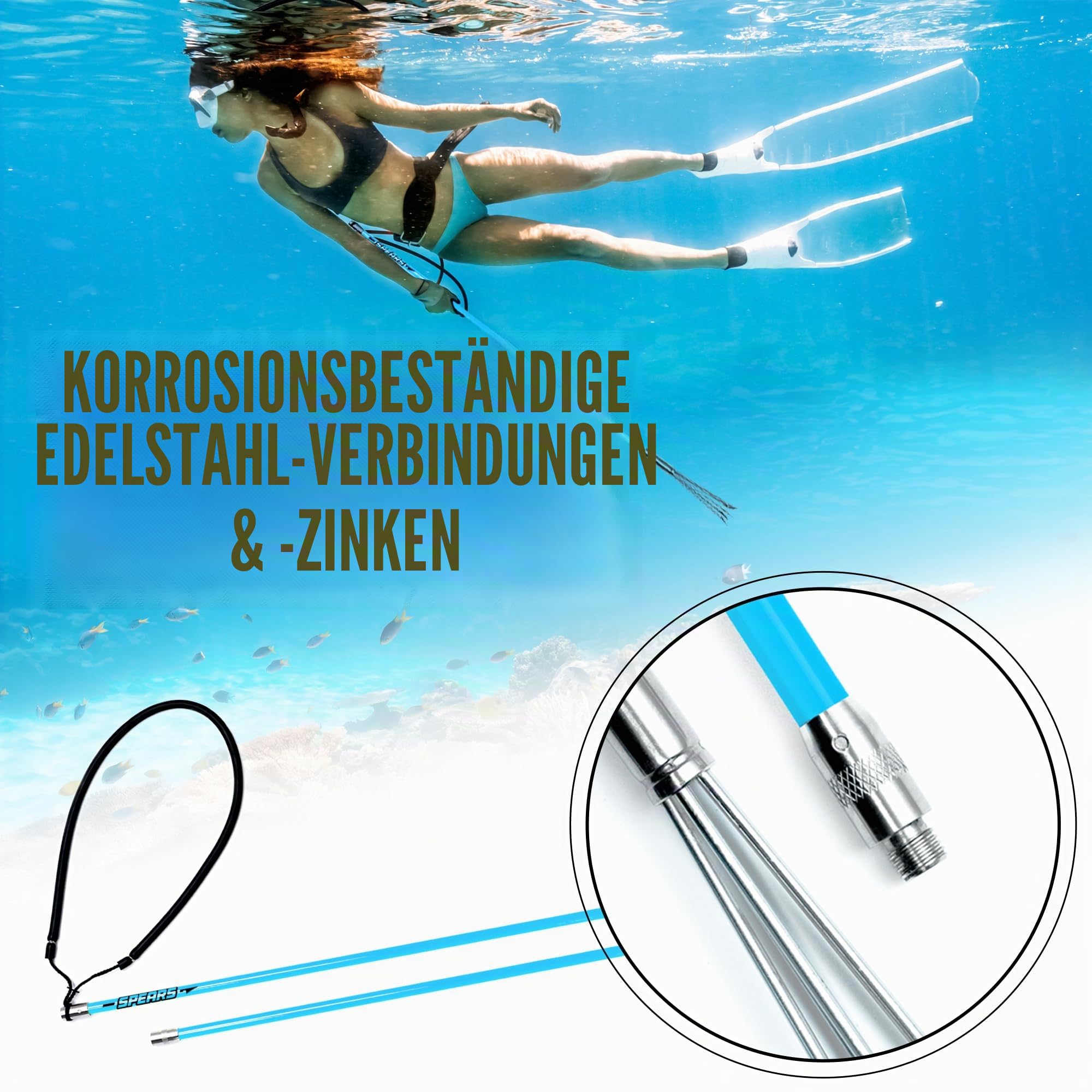 Hawaiian Sling Fishing Speer Set – Reise Fiberglas Pole Speer Harpune zum Speerfischen mit 3 Zinken Paralyzer Spitzen 5' – Angelschnurhalter und Reisetasche enthalten für Speerangelausrüstung