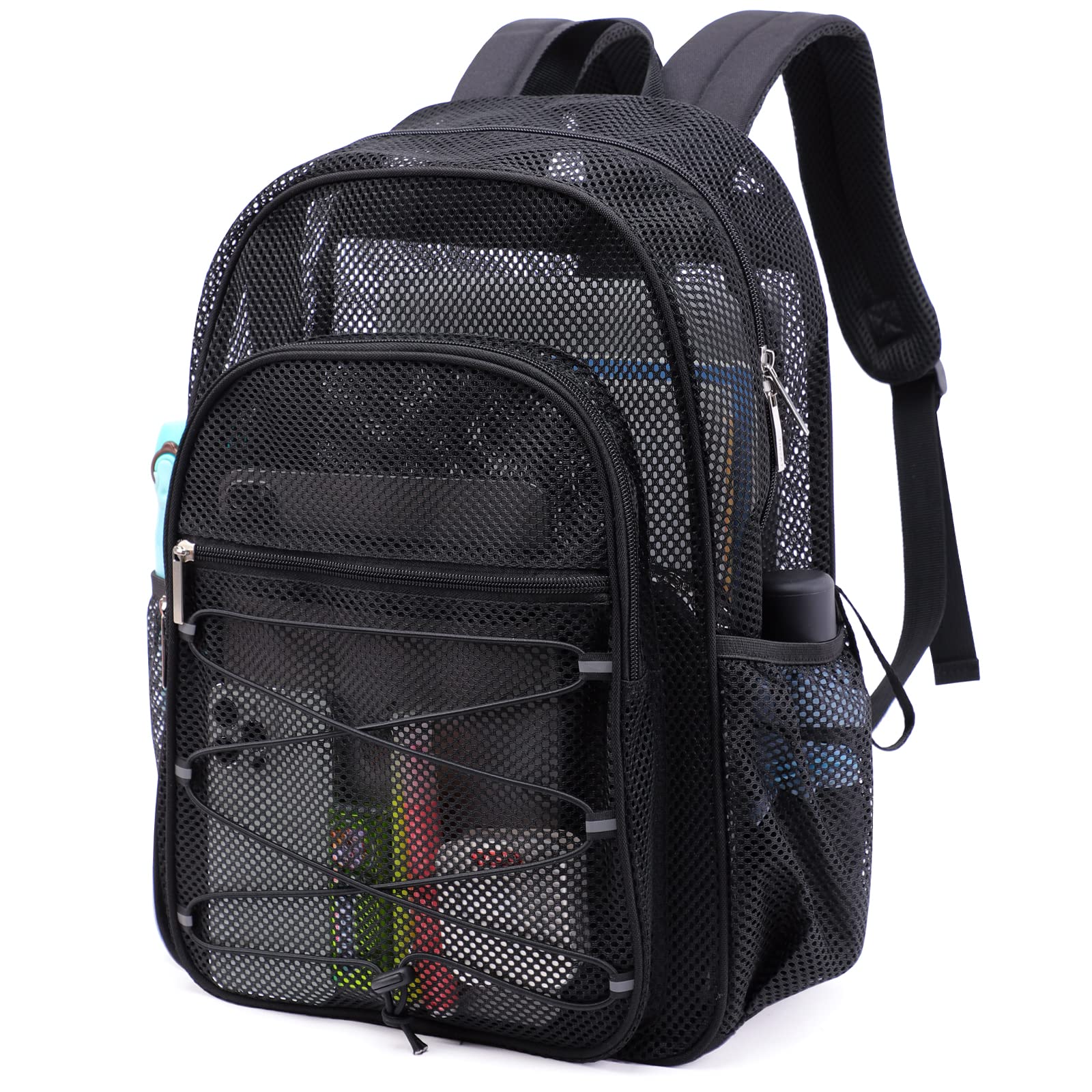TINYAT Netz-Rucksack für Damen und Herren, strapazierfähig, durchsichtig, transparent, für Strand, Reisen, Fitnessstudio, Schwimmen, Schwarz/8010