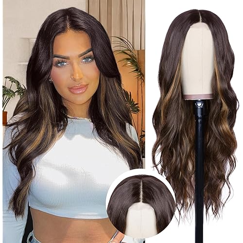 NAYOO Long Dark Brown Mixed Chestnut Wavy Wig for Women 26 Inch Middle Part Lace Hairline Curly Wavy Wig Natural Looking Synthetic Heat Resistant Fiber Wig for Daily Party Use