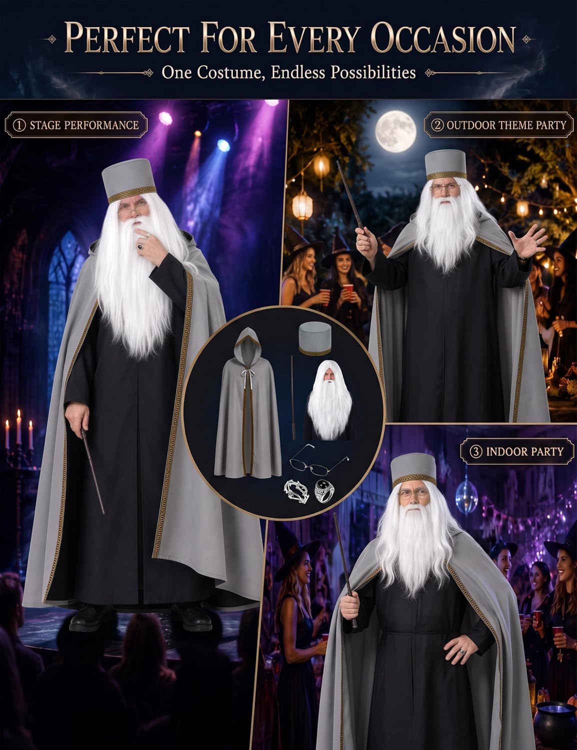 7 Pcs Men's Wizard Costume Set - Cloack, Hat, Wig with Beard, Glasses, Wand & Rings for Halloween, Cosplay & Parties