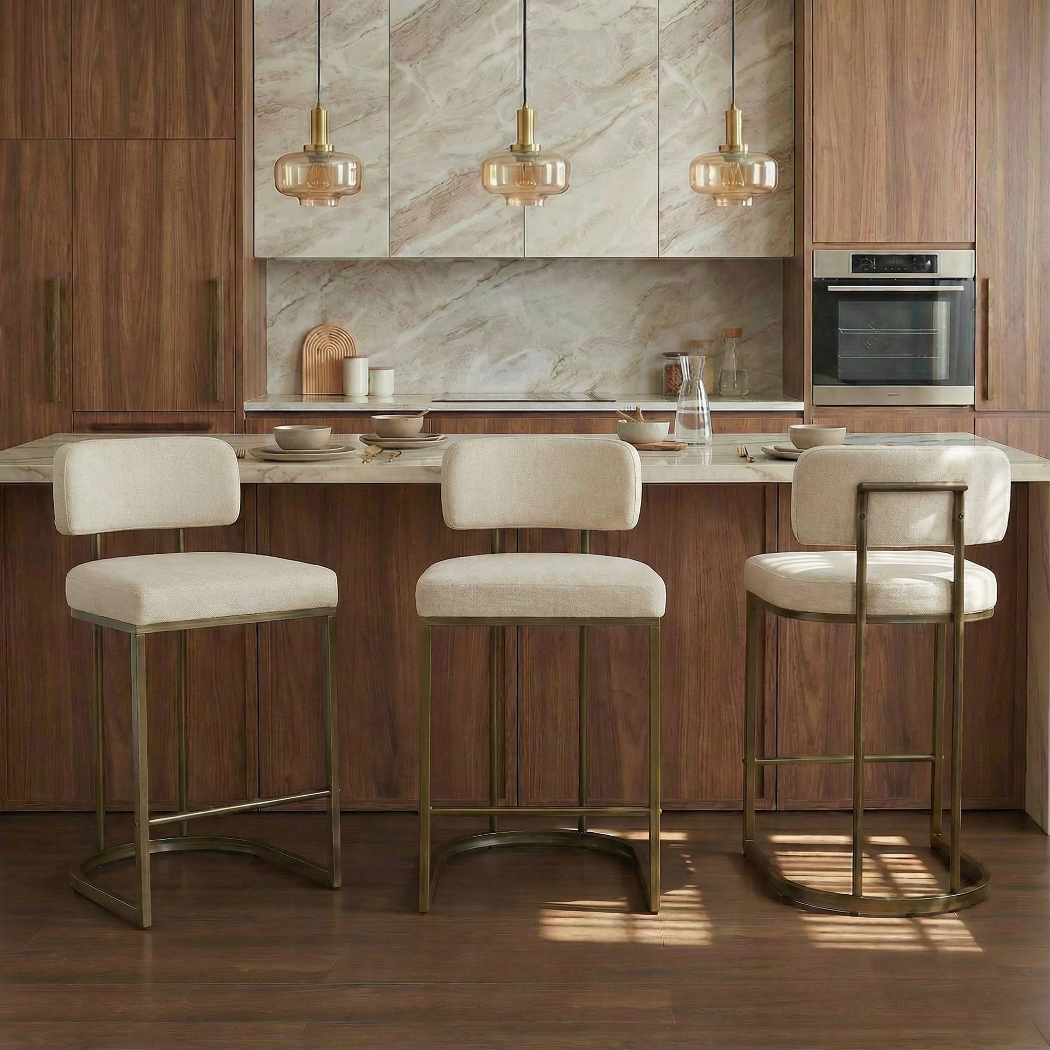 Photo 1 of 26" H Counter Height Bar Stools Set of 3, Modern Linen Fabric Upholstered Barstools with Backrest for Kitchen Island, Gold Metal Frames, Linen