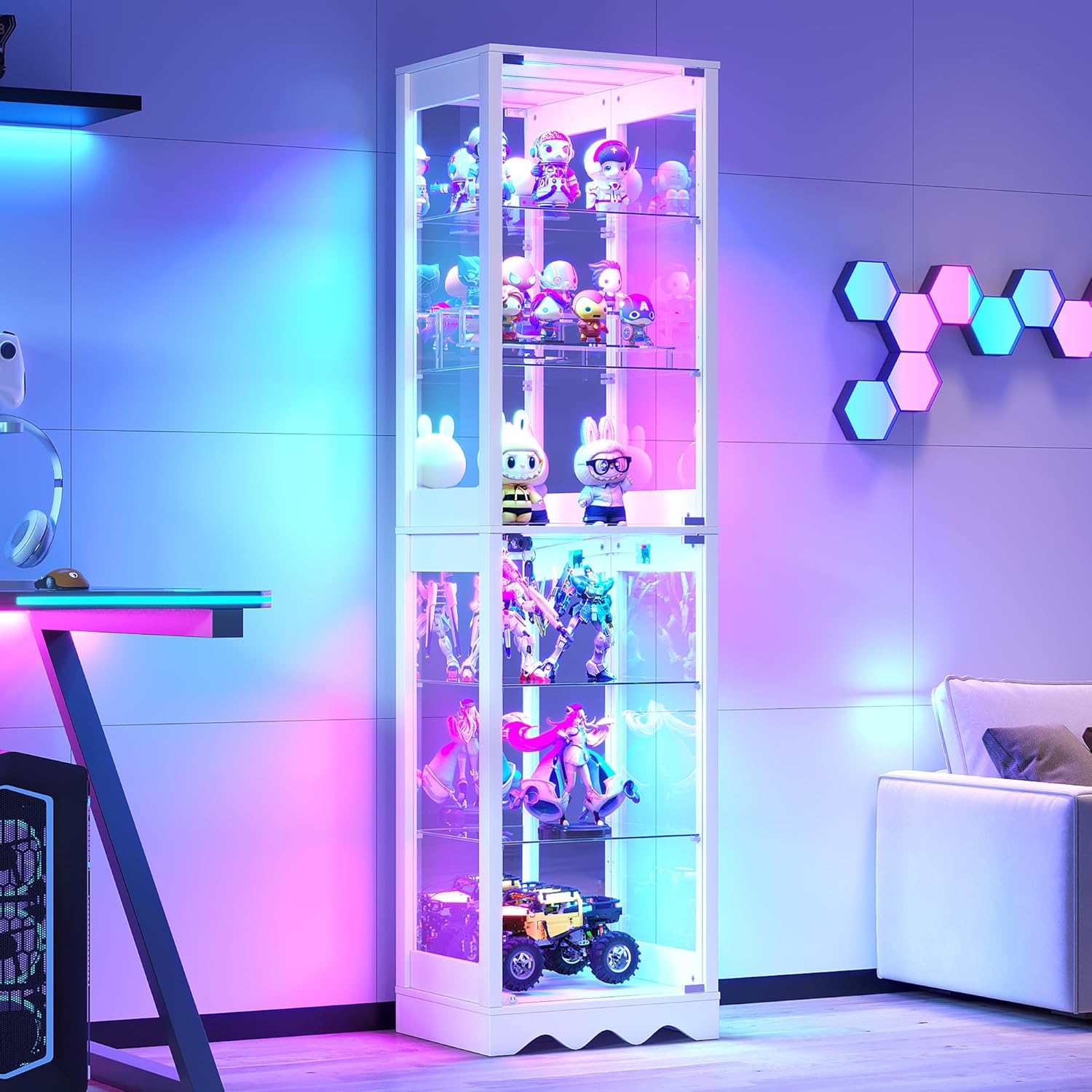 HWB Display Cabinet with Glass Doors - 6 Tier Curio Cabinet with RGB Lights for Collectibles, LED Glass Display Case with Adjustable Shelves