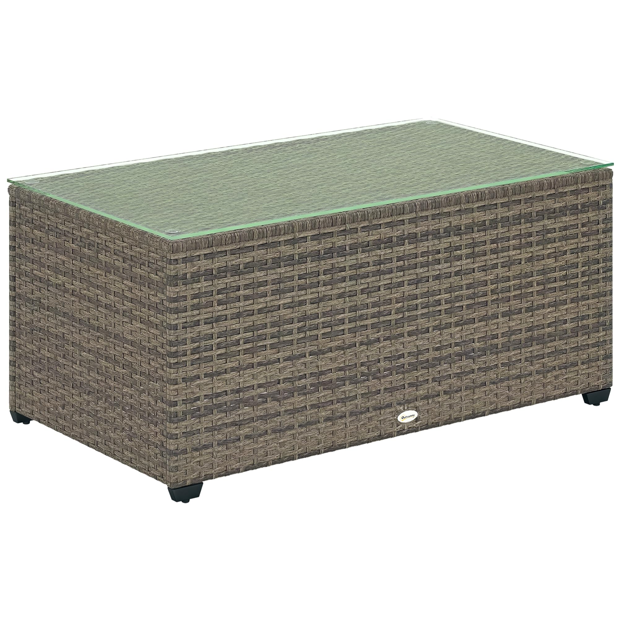 Outsunny Table Basse de Jardin, Table d'appoint en résine tressée Aspect rotin, Plateau en Verre trempé, Cadre en Acier, 90 x 50 x 38 cm, Gris foncé