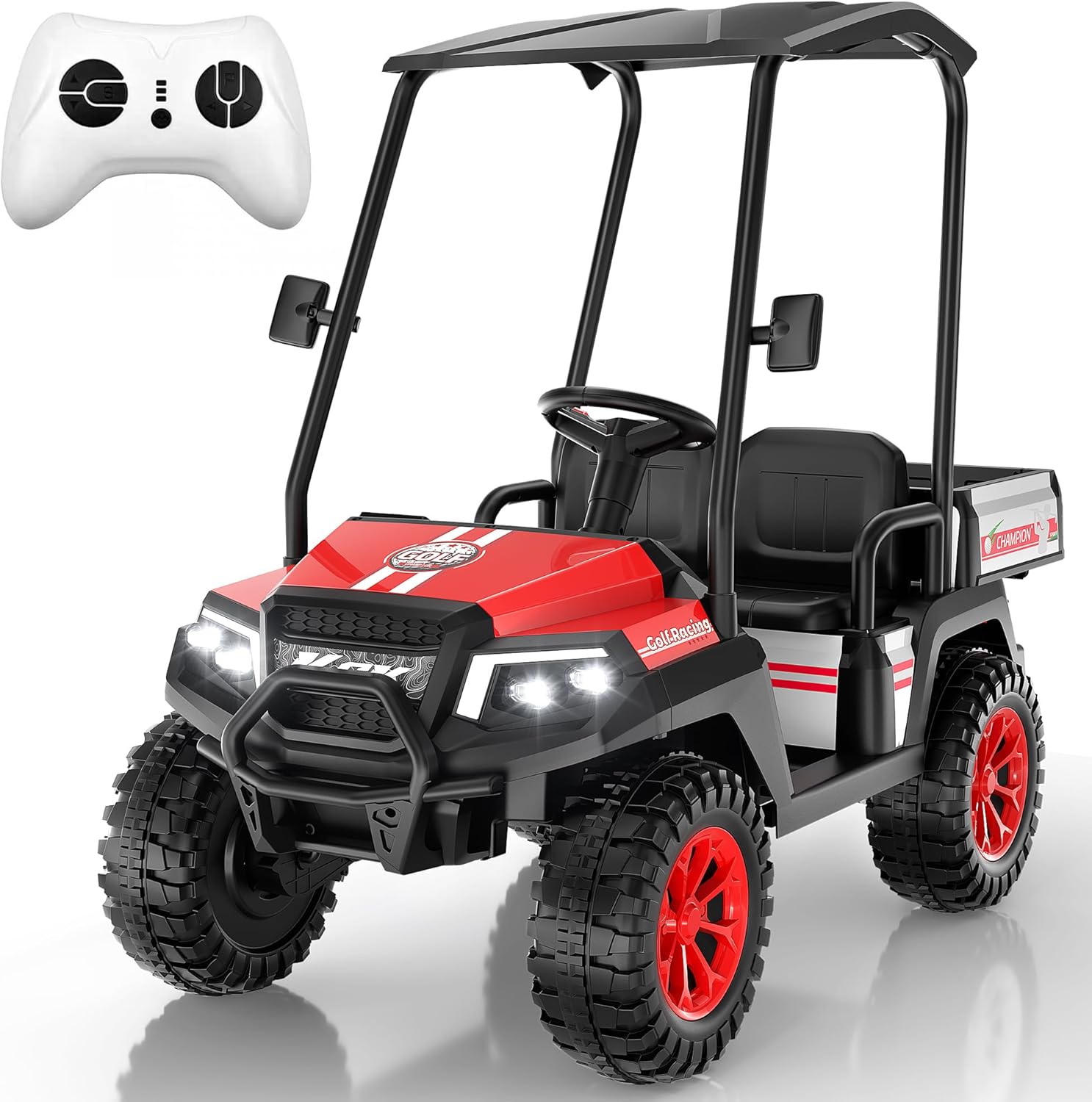 24V Kids Golf Cart w/Detachable Awning–4WD 2 Seater Ride on Car w/Large Storage Trunk, Remote Control, 3 Speeds, Music Player, LED Lights, Ride On Toys, Gift for Kids Ages 3-8(Red)