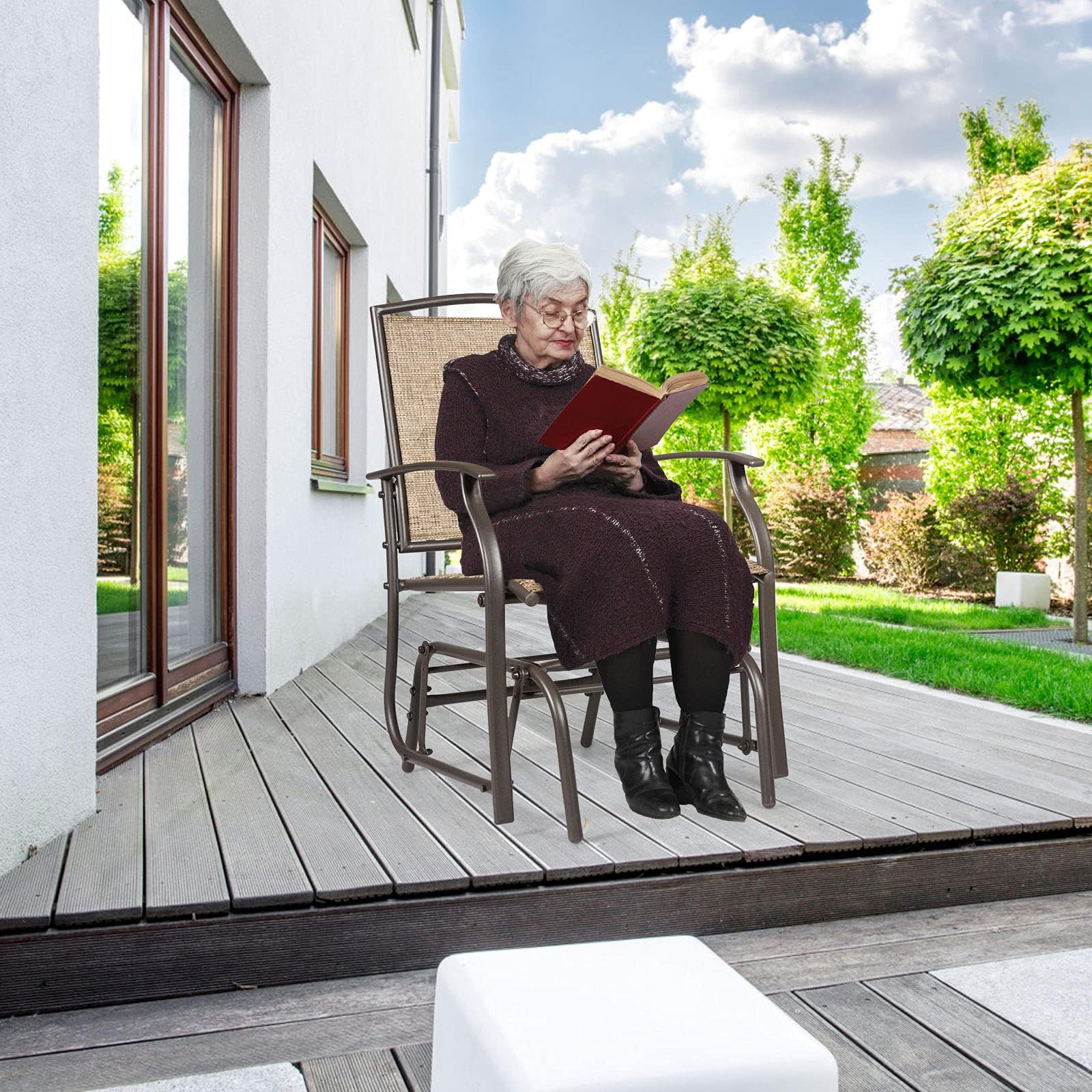 GOPLUS Schaukelstuhl, Gartenstuhl mit Armlehne & Rückenlehne, Campingstuhl aus Eisen & Textilen, Schaukelsessel bis zu 150 kg Belastbar, für Balkon Garten Terrassen (2 PCS)