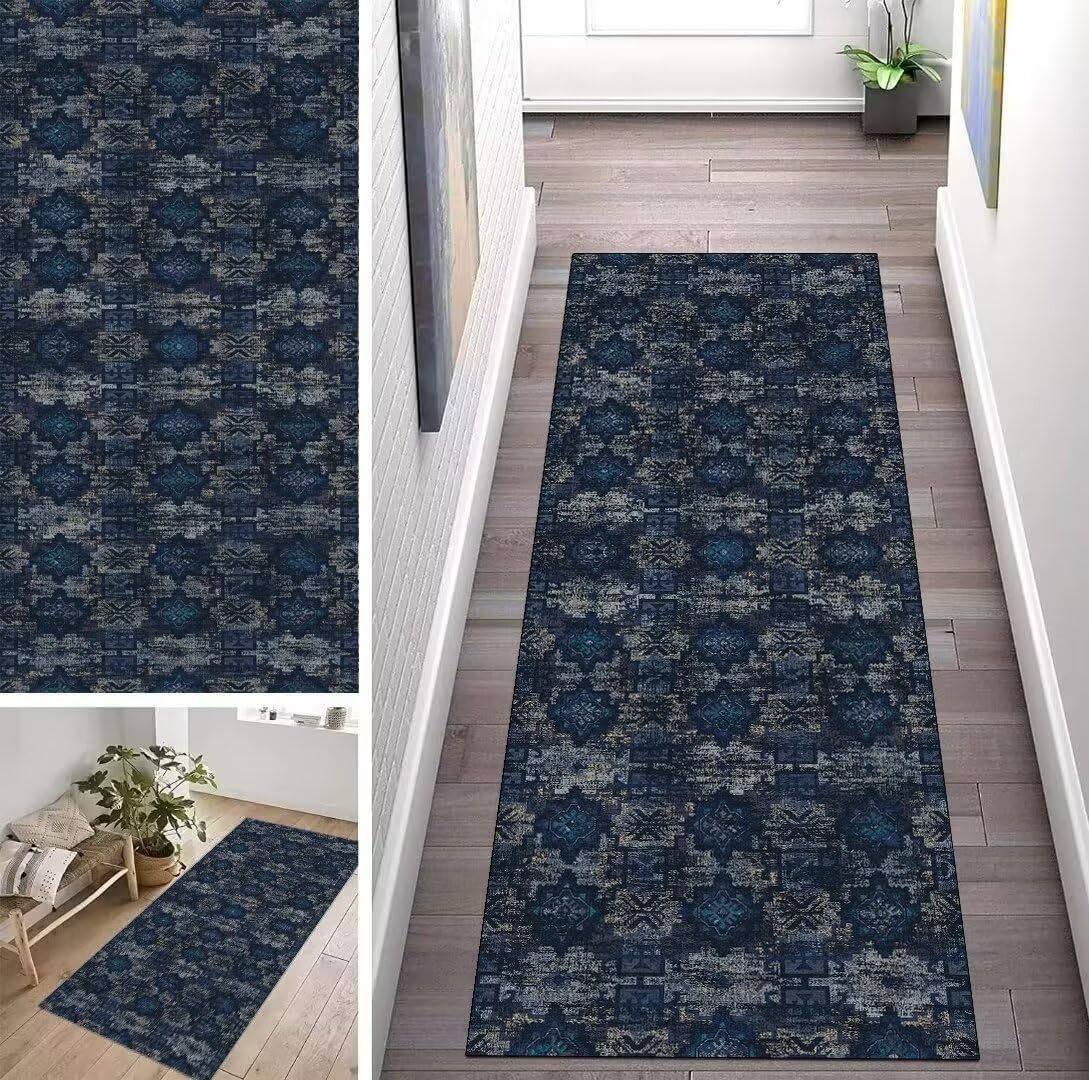 Tapis de couloir vintage gris et vert 120x500 cm lavable et personnalisable