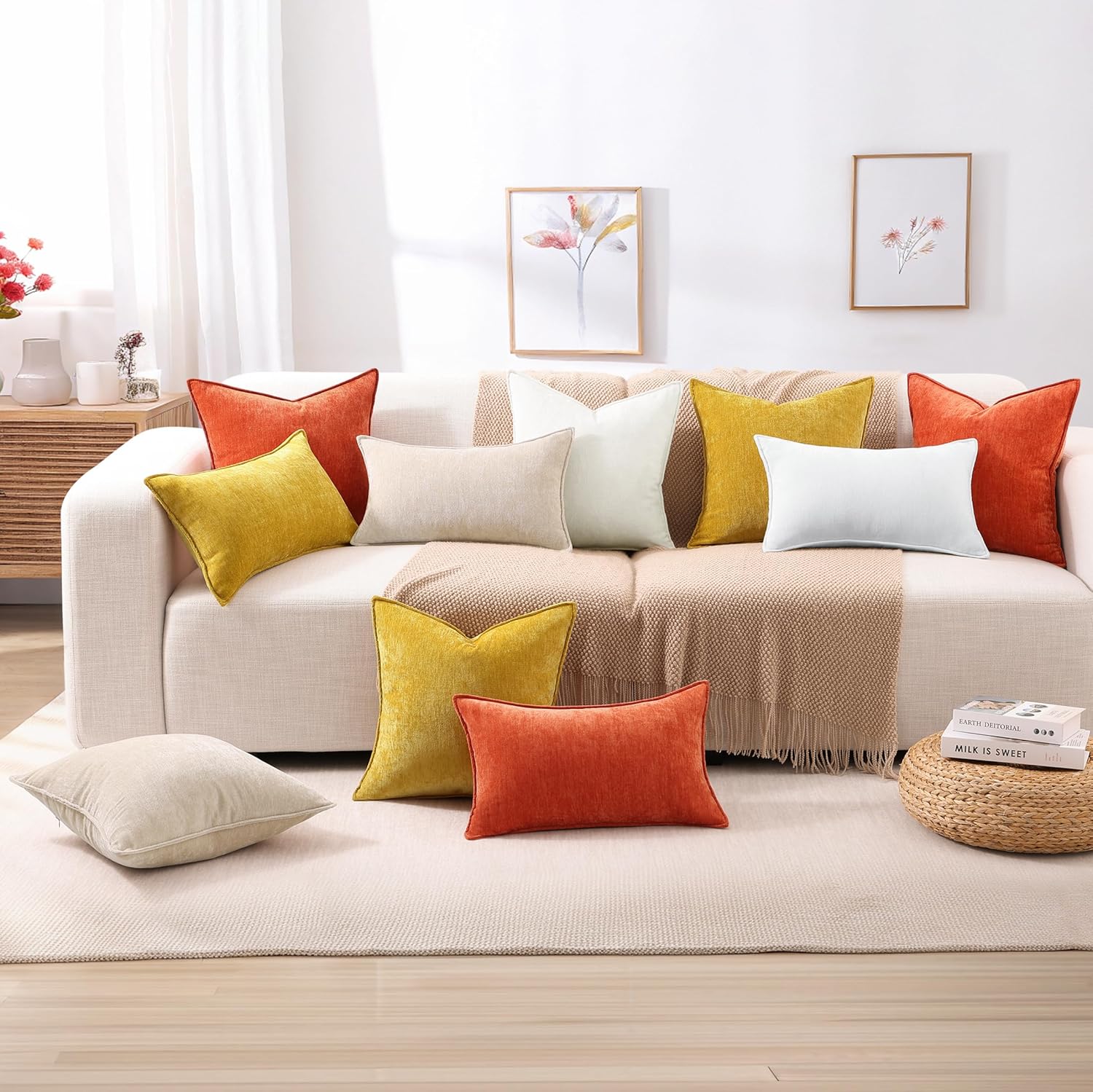 decorUhome Spring Couch Throw Pillow Covers 18x18 Set of 2, Decorative Soft Velvet Modern Cozy Chenille Pillow Cases with Elegant Design for Sofa Bed Living Room Home Decor, Cream White - Image 8