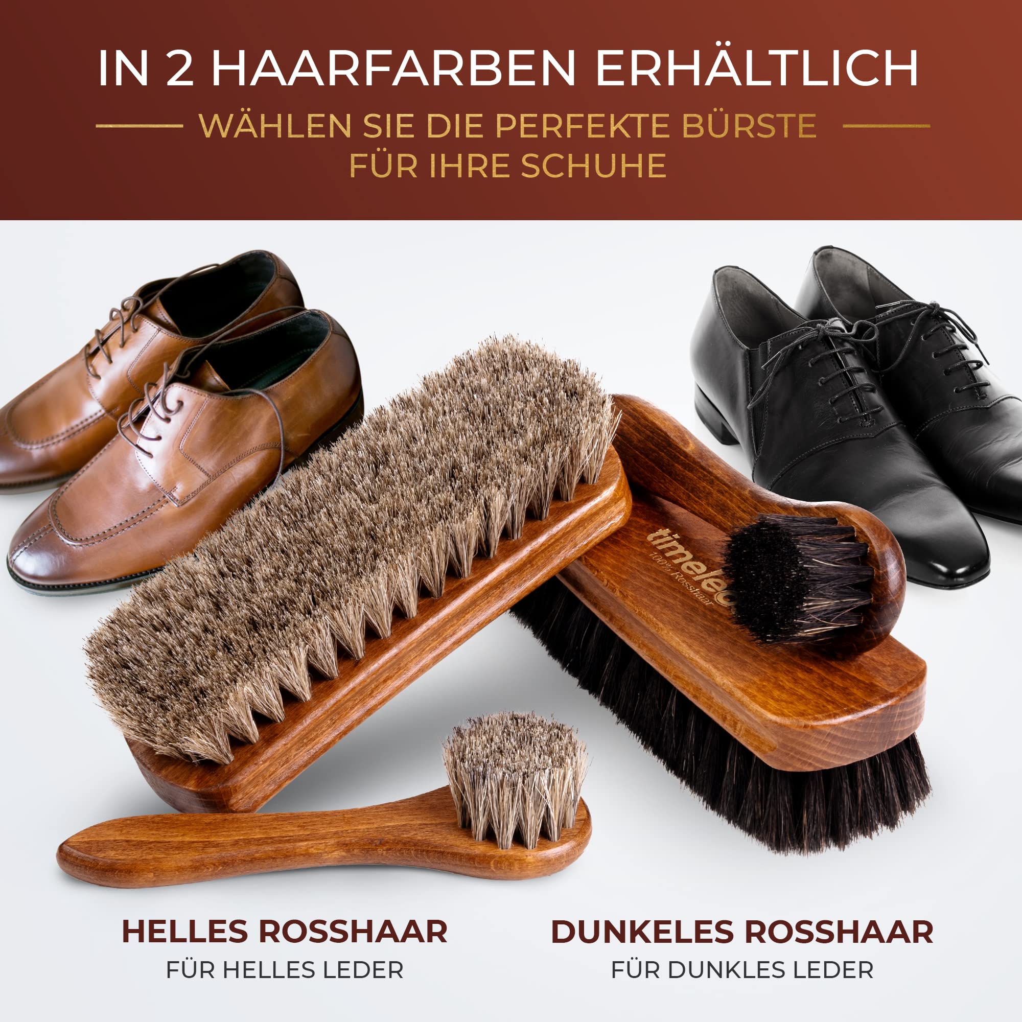 Set di 4 spazzole per scarpe in crine di cavallo, di alta qualità, chiare e scure, realizzate in Germania