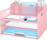 Desk Organizer with pen holders, 3-Tier Letter Paper Tray Organizer with 3 Pen Holder, Desk Organizers and Accessories, Mesh Desktop File Organizer and Storage for Office Supplies Black