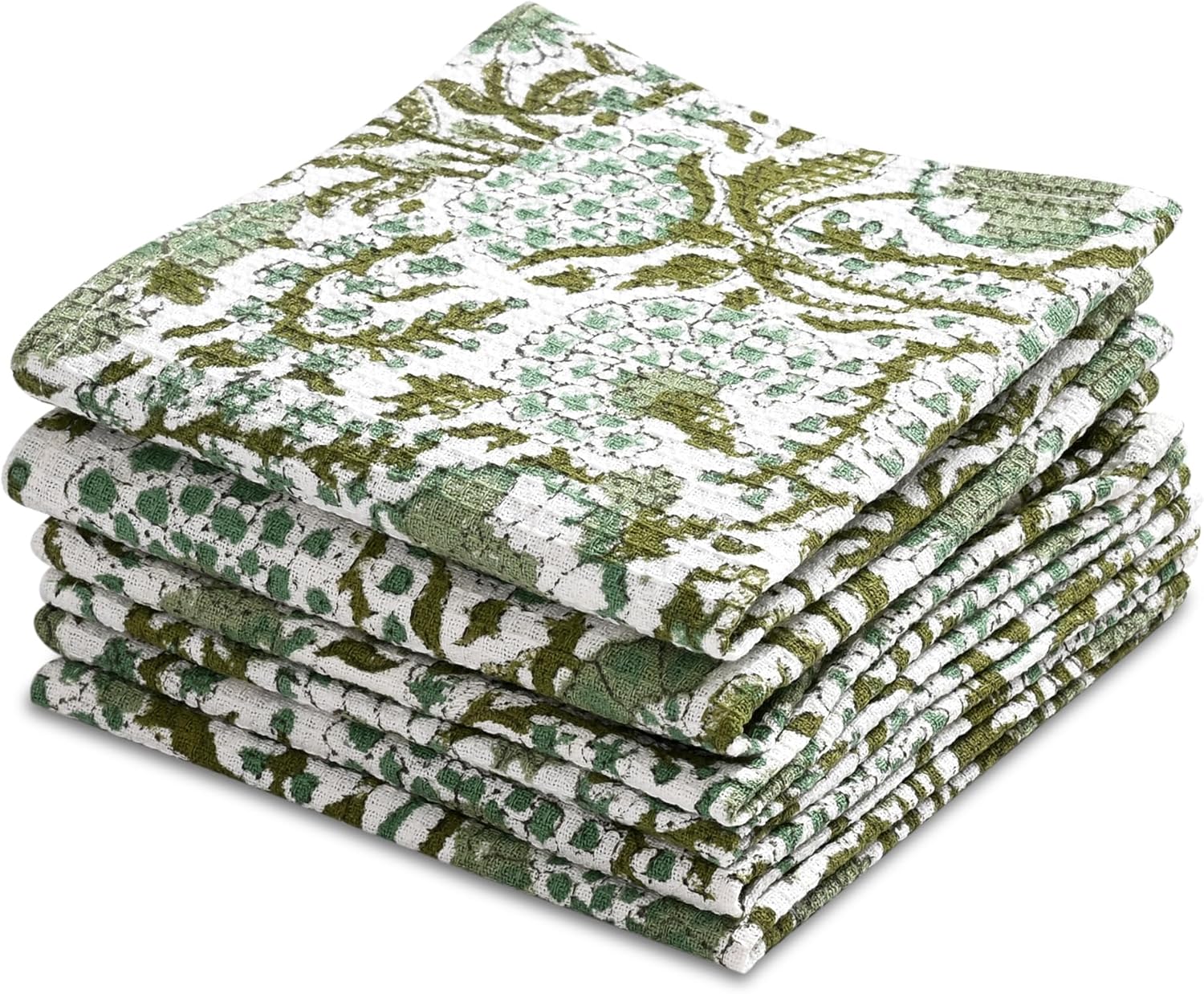 CPC Agate Green Hand Block Printed Cotton Waffle Dish Cloth Set of 12-12x12 Inch Super Absorbent, Soft, Reusable Kitchen Towels for Dish Drying & Cleaning Ideal for Spring, Mother's Day