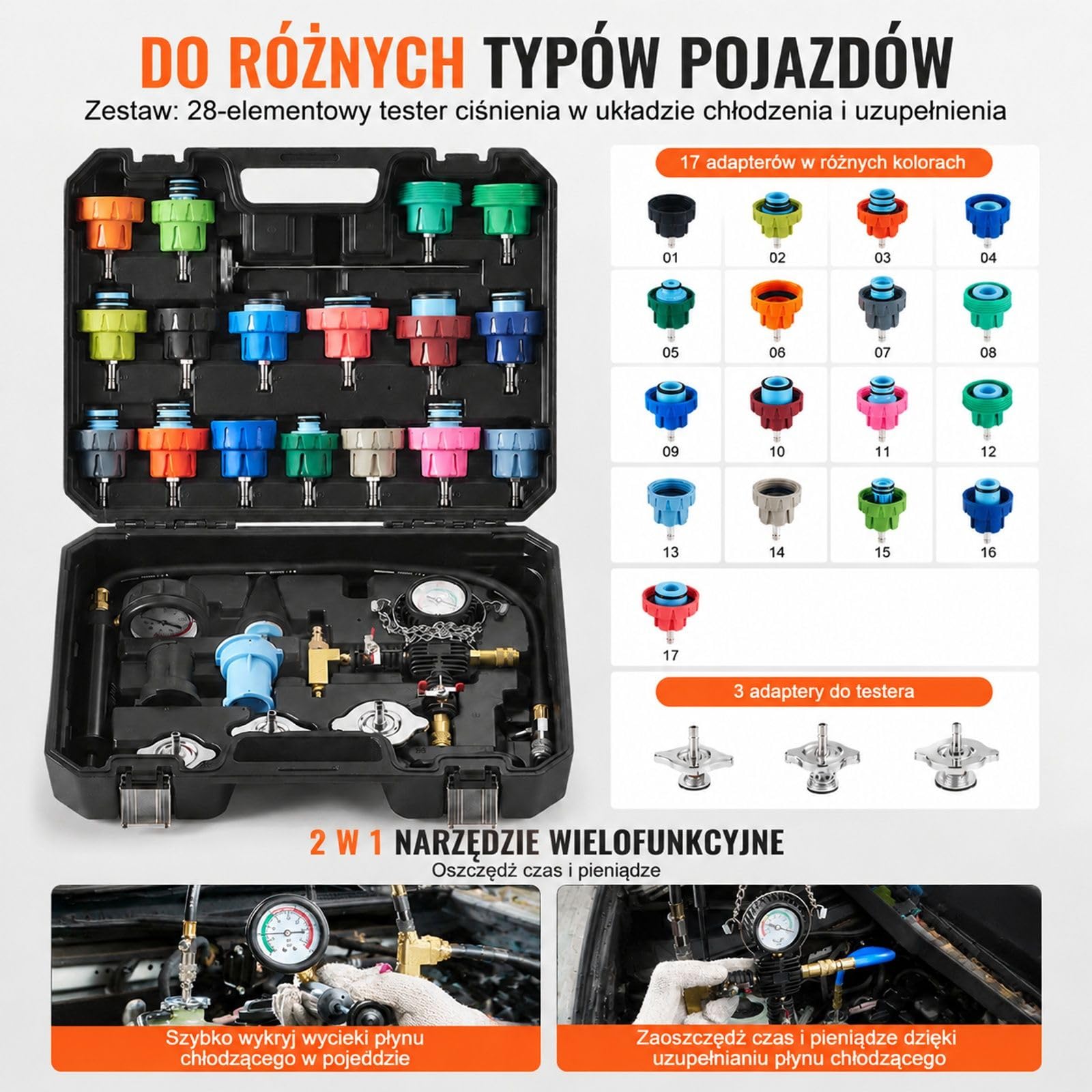 28-częściowy zestaw do testowania ciśnienia płynu chłodzącego chłodnicy z pompą ręczną, 17 metalowymi adapterami, 3 nasadkami testowymi i termometrem