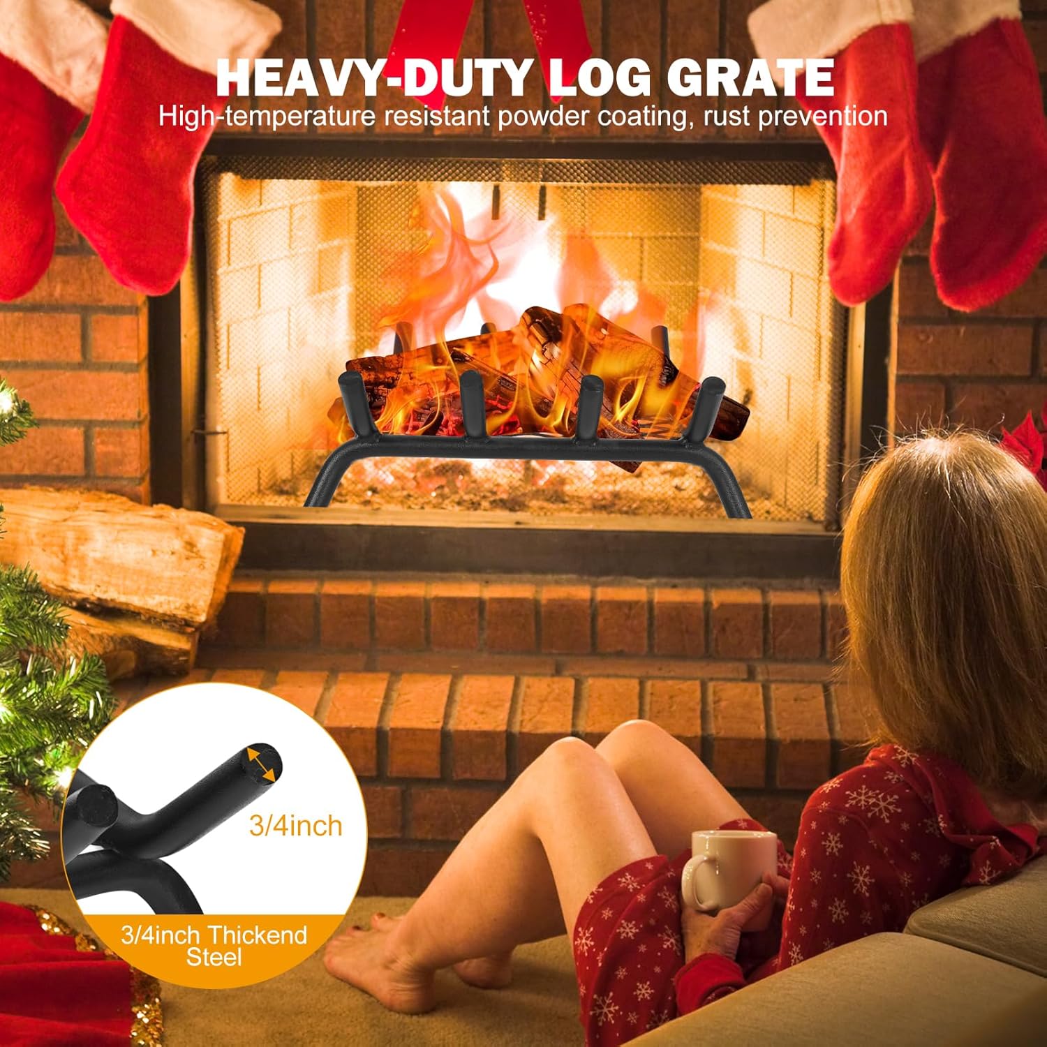 Fireplace Grate 14inch with Ember Retainer | Fireplace Log Grate with Heavy Duty Solid Round Steel 3/4” Bar | No Assembly Required Hearth Grate for Firepit Firewood Log Indoor Wood Stove Burning
