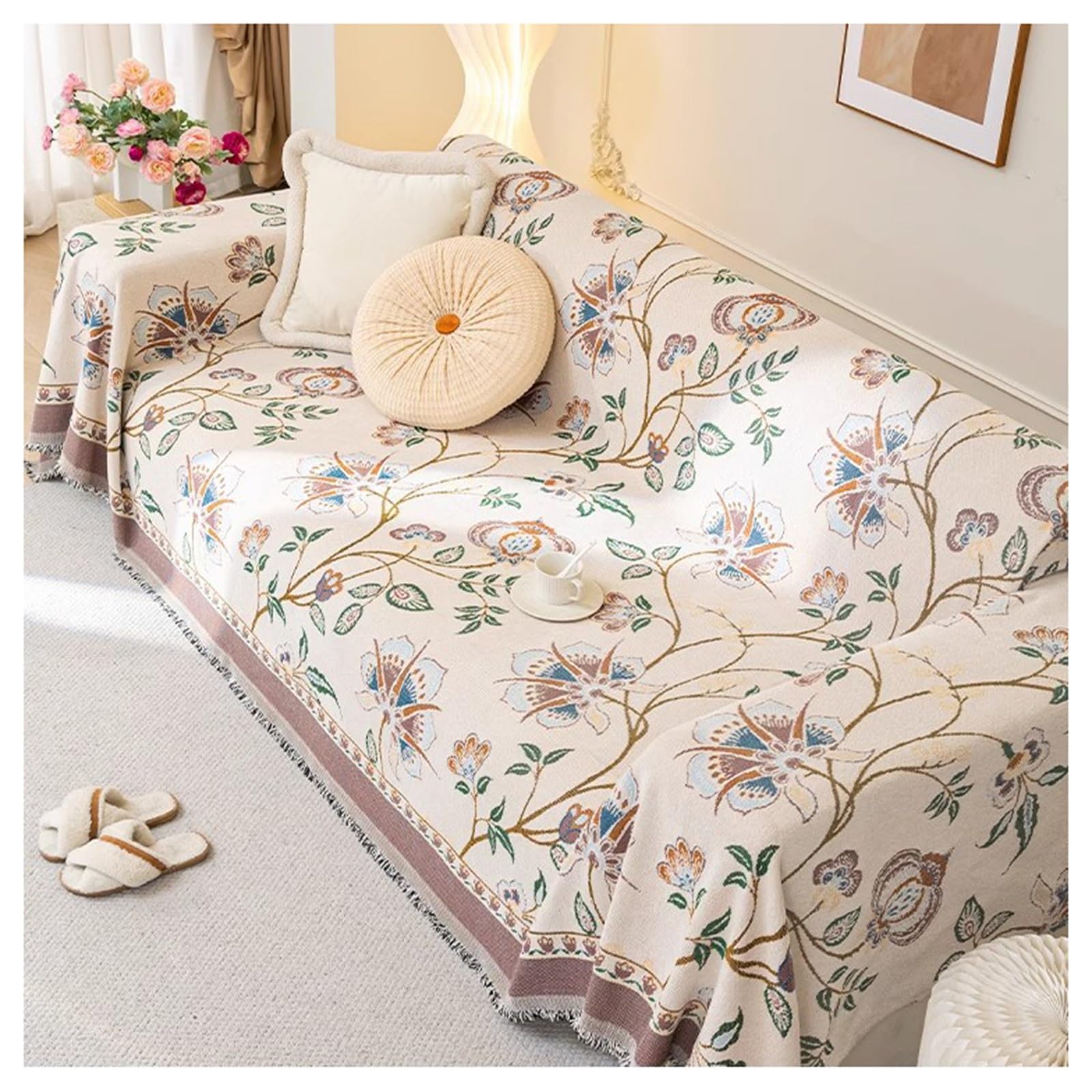 Bbeqrvv Beige Vintage Farmhouse Chenille Sofa Covers, Reversible Couch Cover Slipcover For 3-4 Cushion Couch Sofa, With Tassel, Washable(,180X380cm/71X150in)