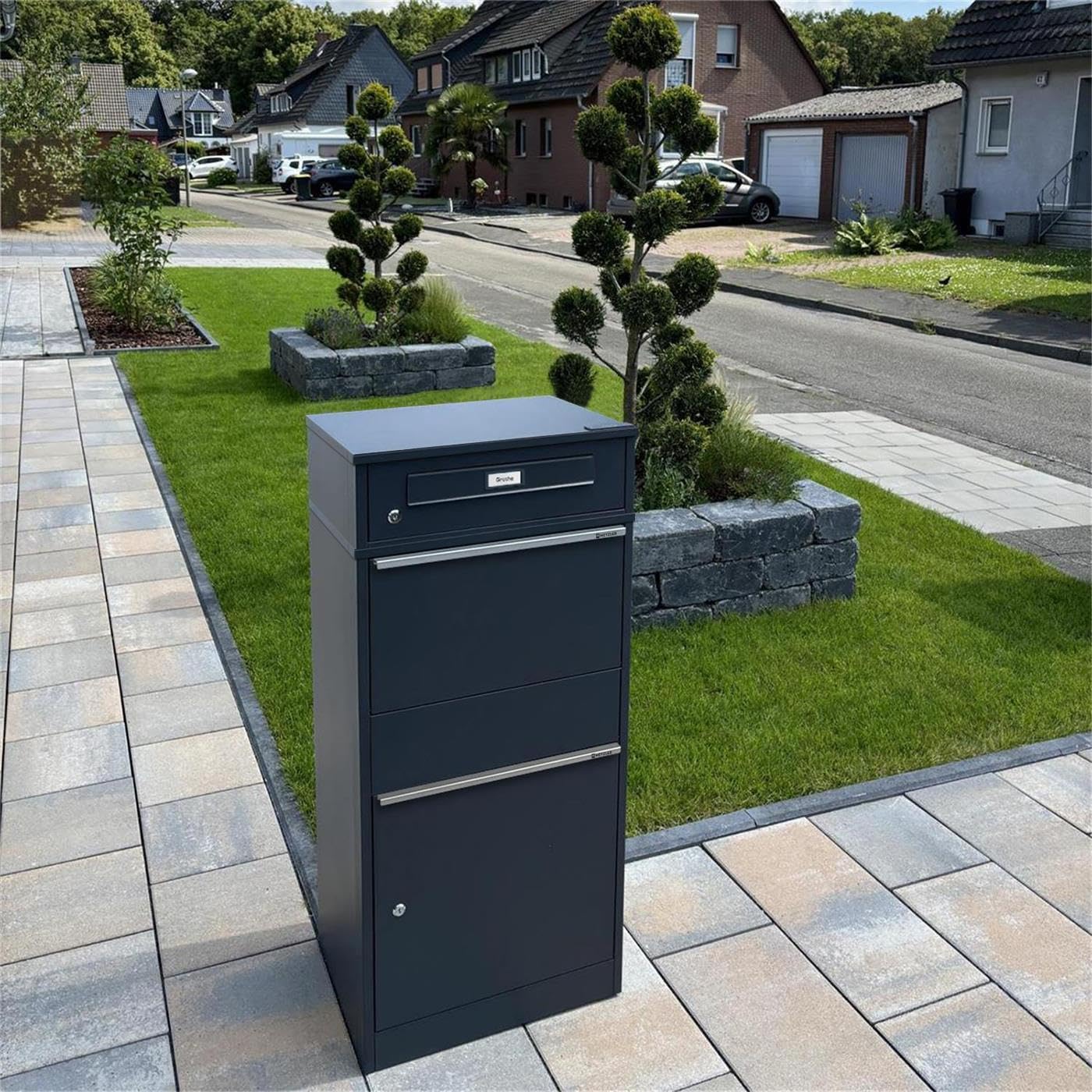 Metzler® boîte à Colis et Lettres avec Plaque de nom Interchangeable et Double Compartiment, Anthracite RAL7016, Acier thermolaqué résistant aux intempéries, Montage Facile, Bispo RE