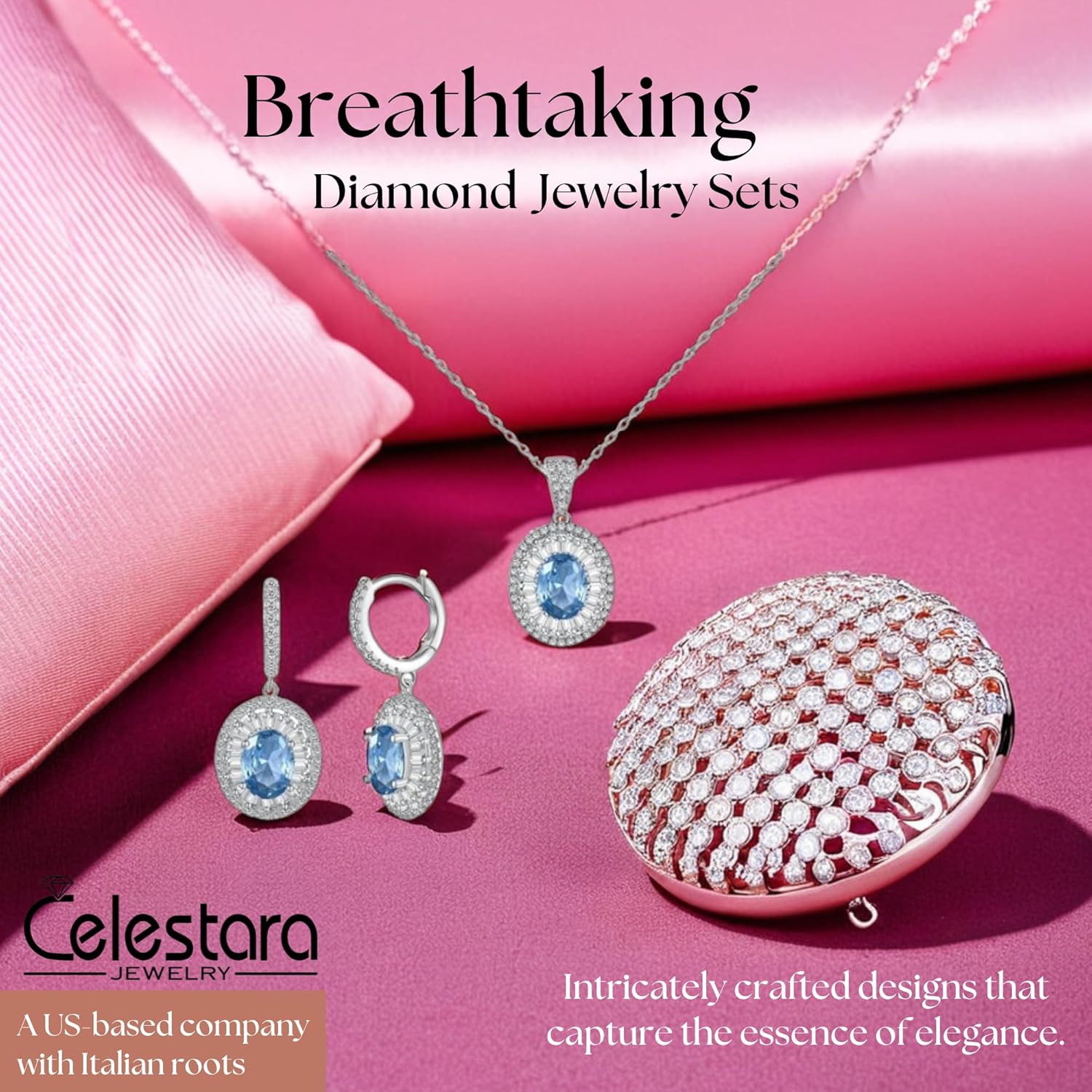 925 Sterling Silver Jewelry Set - Oval Blue Topaz-Tone and CZ Diamond Halo Necklace with Matching Earrings, Dainty Pendant Set with Exquisite Leather Box - Image 2