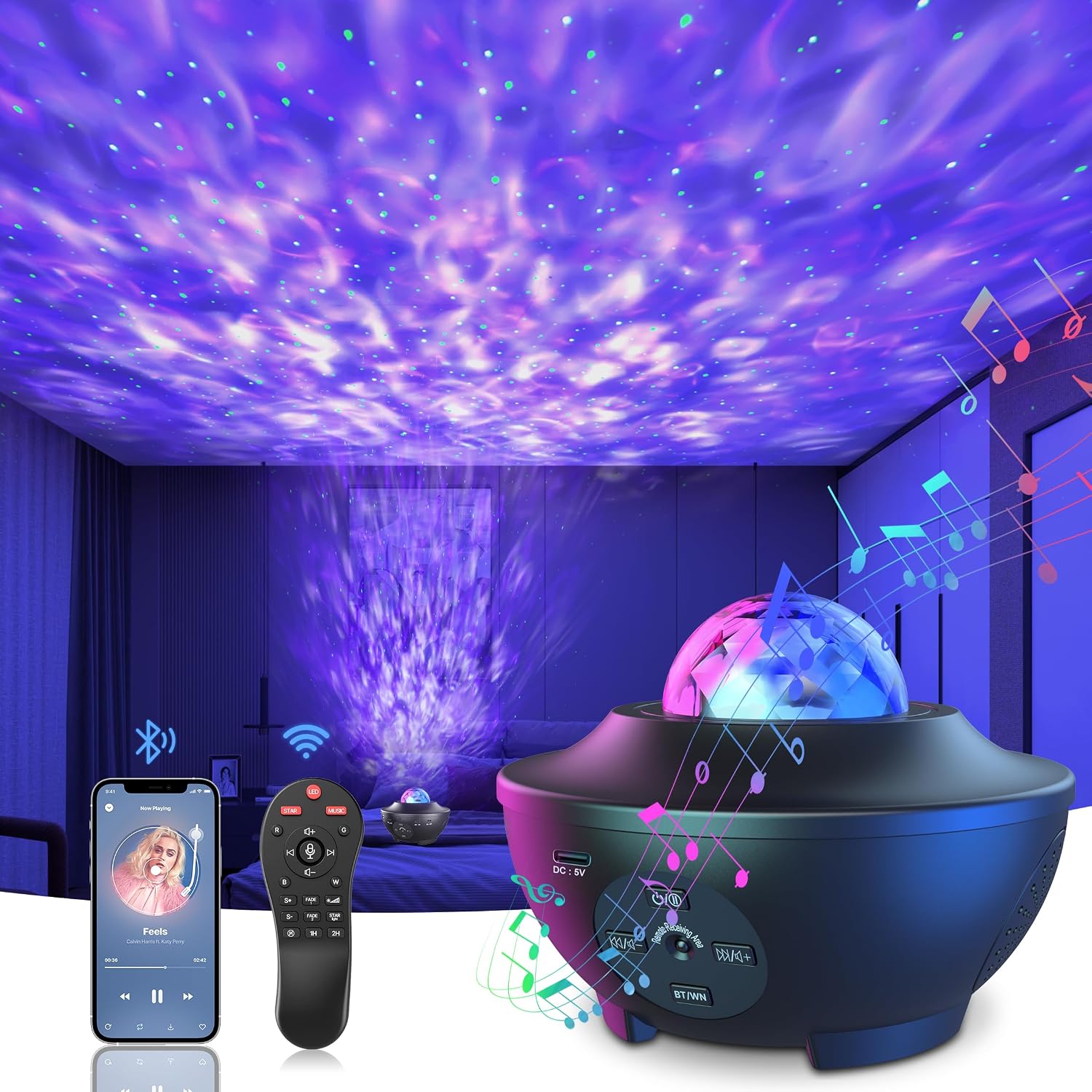 Galaxy Projector, Starry Night Light, LED Color Changing Music Night Light with Remote Control & Timer, Star Projector Lamp for Bedroom Room Decor