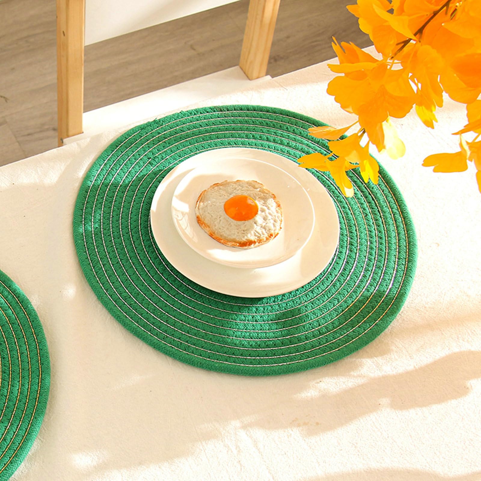 Juego de 10 manteles individuales de mesa (algodón y lino, redondo, hilo de algodón, color liso, antideslizante, fácil de limpiar, verde plateado, 38 cm)