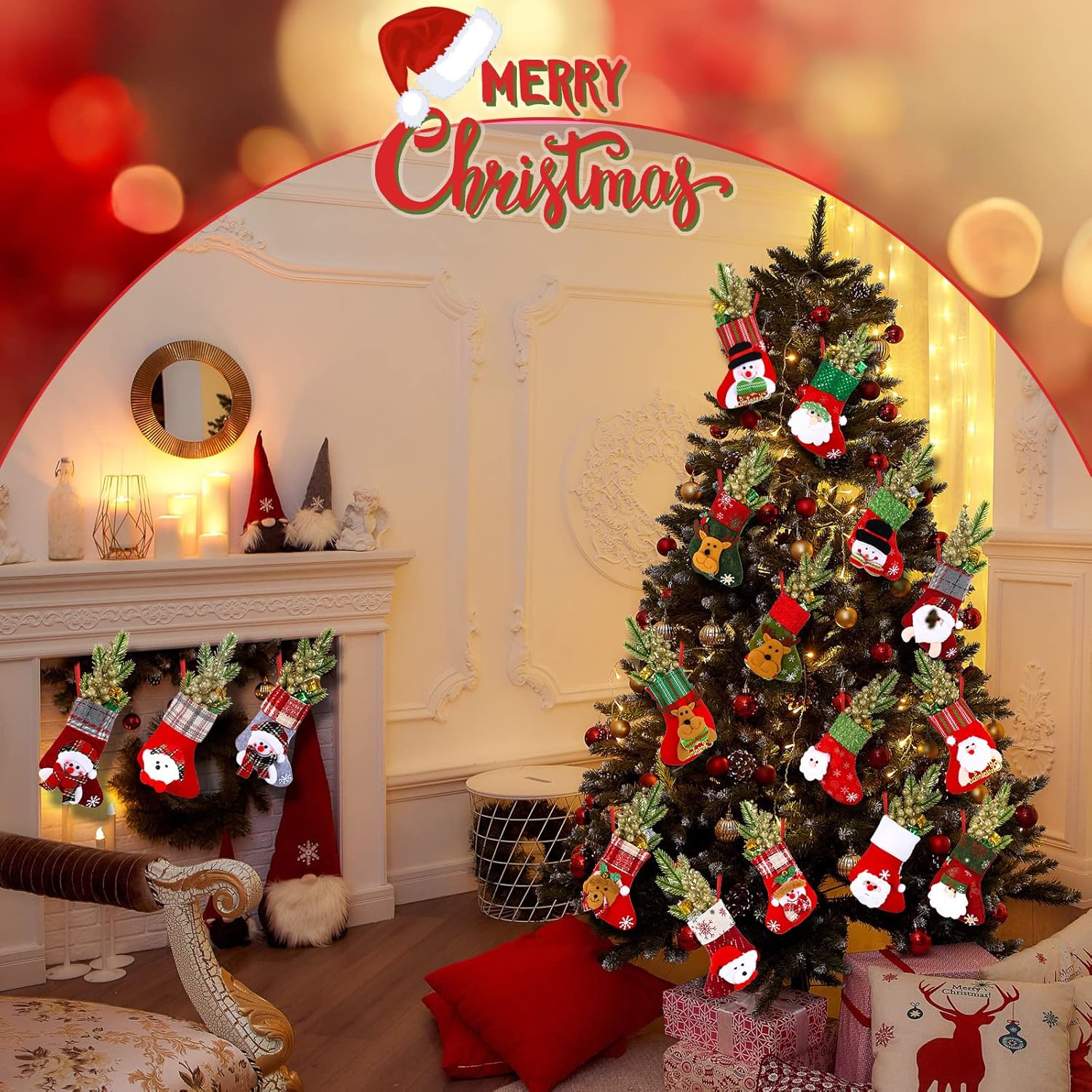 BBTO 72 Pack Mini Christmas Stockings 3D Santa Snowman Reindeer Bear Socks Tree Decor Tableware Silverware Holders Candy Gift Card Bag Tiny Xmas Stockings for New Year Party Table Tree Ornament Decor