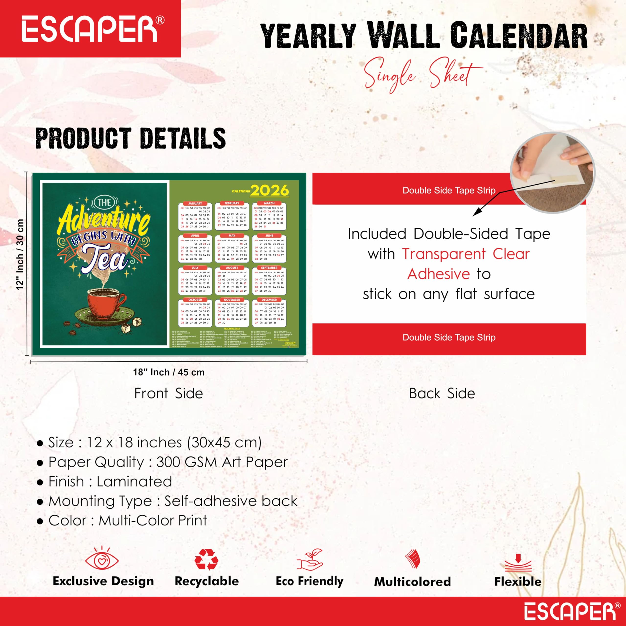 ESCAPER Tea Lovers - Calendario de pared 2026 – 12 x 18 pulgadas, papel laminado de 300 g/m², calendario autoadhesivo de una sola página para decoración de oficina, hogar y cafetería, regalo perfecto