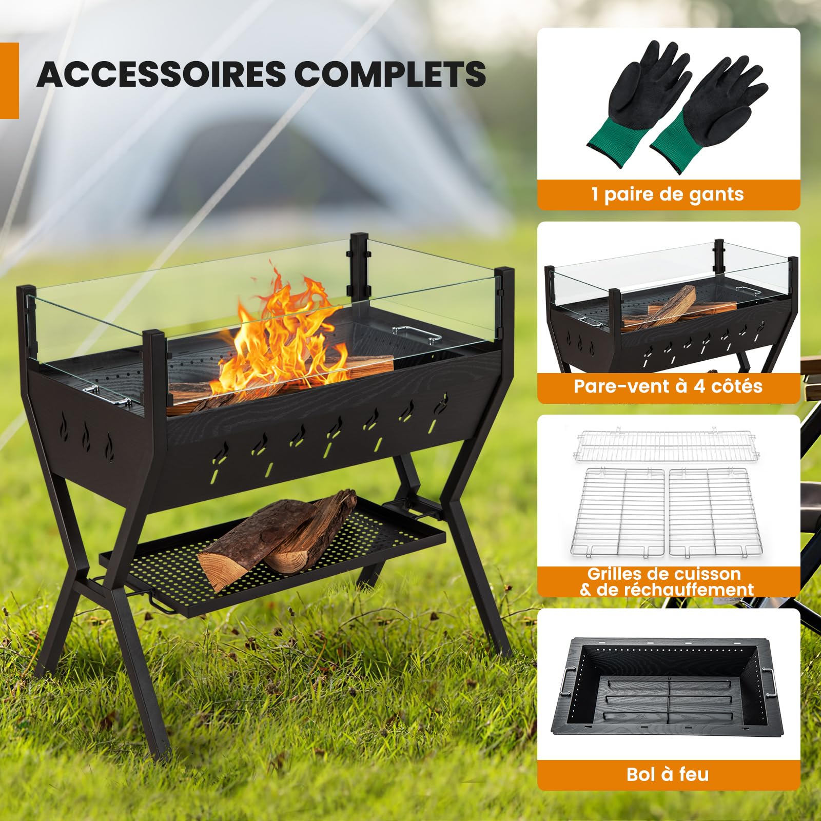 GOPLUS Grill na węgiel drzewny 3 w 1, wielofunkcyjny grill ogrodowy ze stali nierdzewnej z dużą powierzchnią grillowania, ochroną przed wiatrem i półkami, stojący grill BBQ na piknik, imprezę, kemping