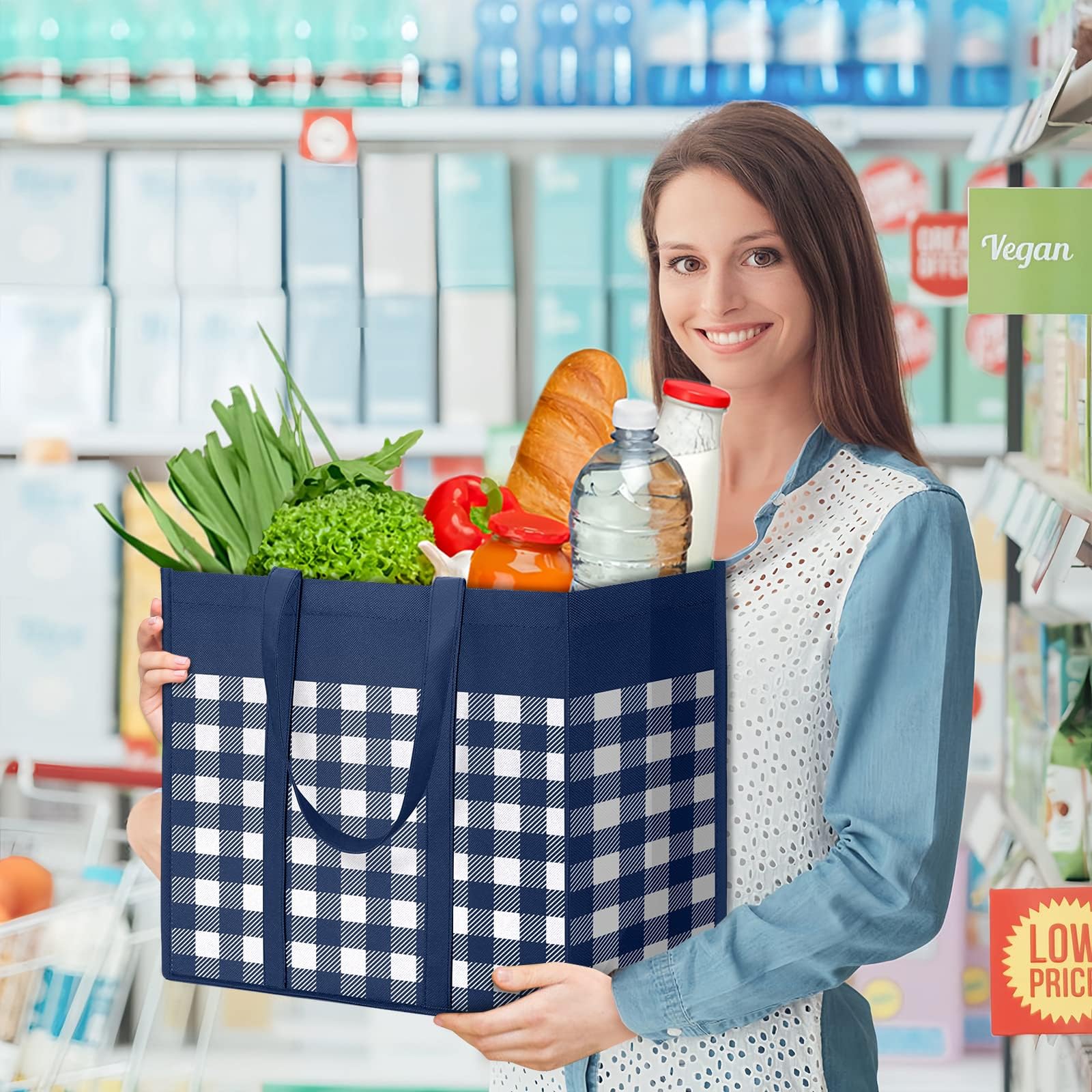 WOWBOX Bolsas de comestibles reutilizables, bolsas de compras plegables y reutilizables, bolsas de almacenamiento a granel para comestibles