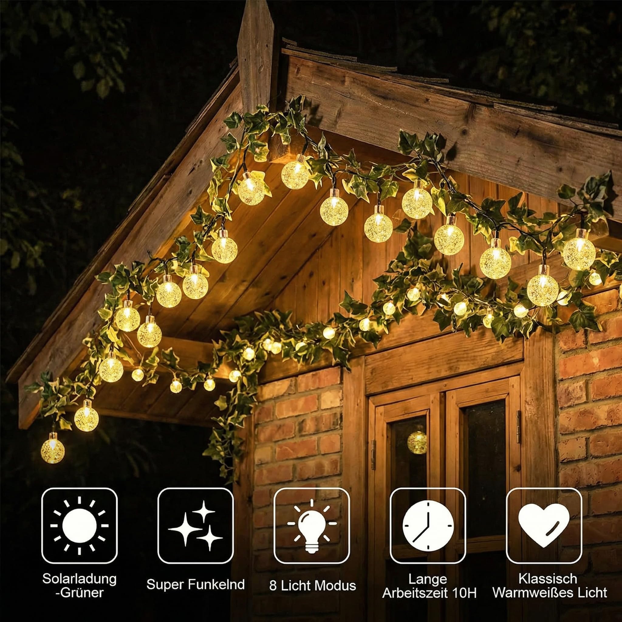 BG9D Guirlande lumineuse solaire d'extérieur, 8m 40 LED boules de cristal, 8 modes, fonction mémoire, étanche IP65, pour jardin, terrasse, balcon, mariage, blanc chaud - 5