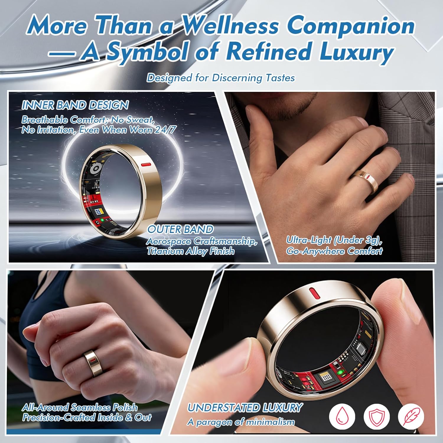 Smart Ring for Men & Women, Titanium Health Ring with Heart Rate (HRV), SpO2, BP and Stress, Sleep & Activity Tracking, Waterproof, No Subscription Fee for Android & iOS (Light Gold, 8#)