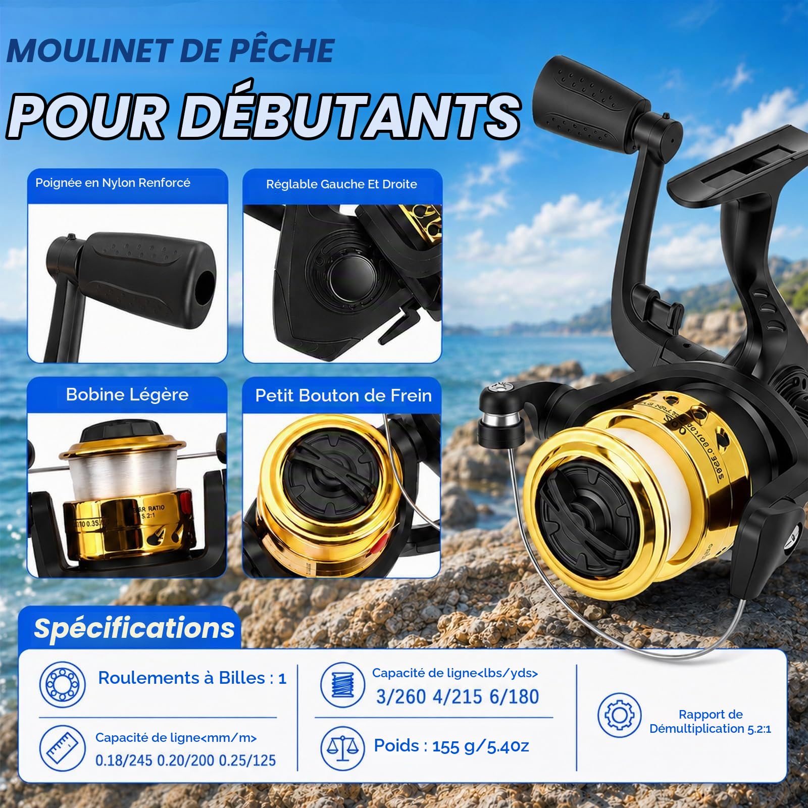 Lot de 3 cannes à pêche télescopiques pour enfants - Avec moulinet 5.2:1 - Accessoires - Boîte à appâts - Sac de transport - Kit de démarrage pour débutant - Pour eau douce et eau salée - 1,8 m