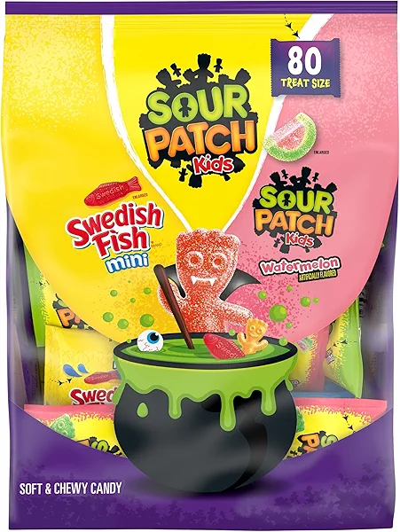SOUR PATCH KIDS and SWEDISH FISH Mini Soft & Chewy Halloween Candy Variety Pack, Bulk Candy, 80 Trick or Treat Bags