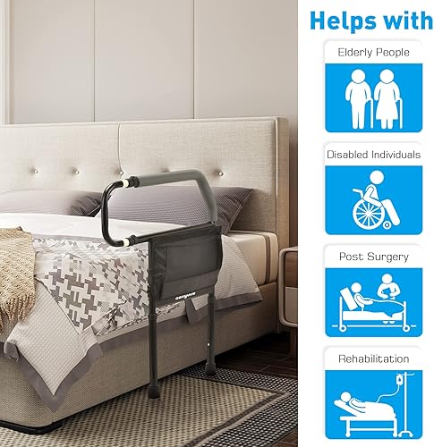 Vista 7 de Sangohe Riel de cama para ancianos, asa de barra de apoyo de cama con bolsillo de almacenamiento, rieles de seguridad para adultos mayores que
