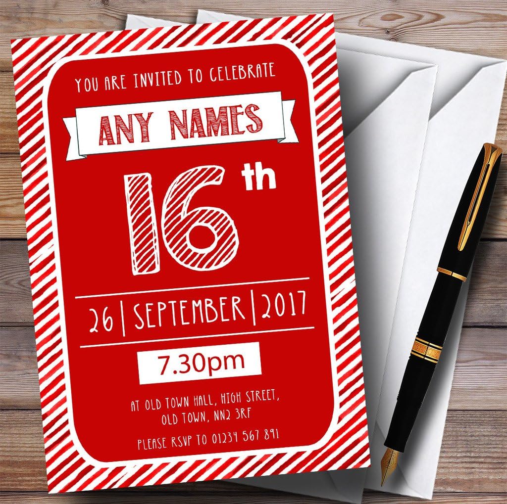 Red & White Stripy Deco 16th Personalized Birthday Party Invitations