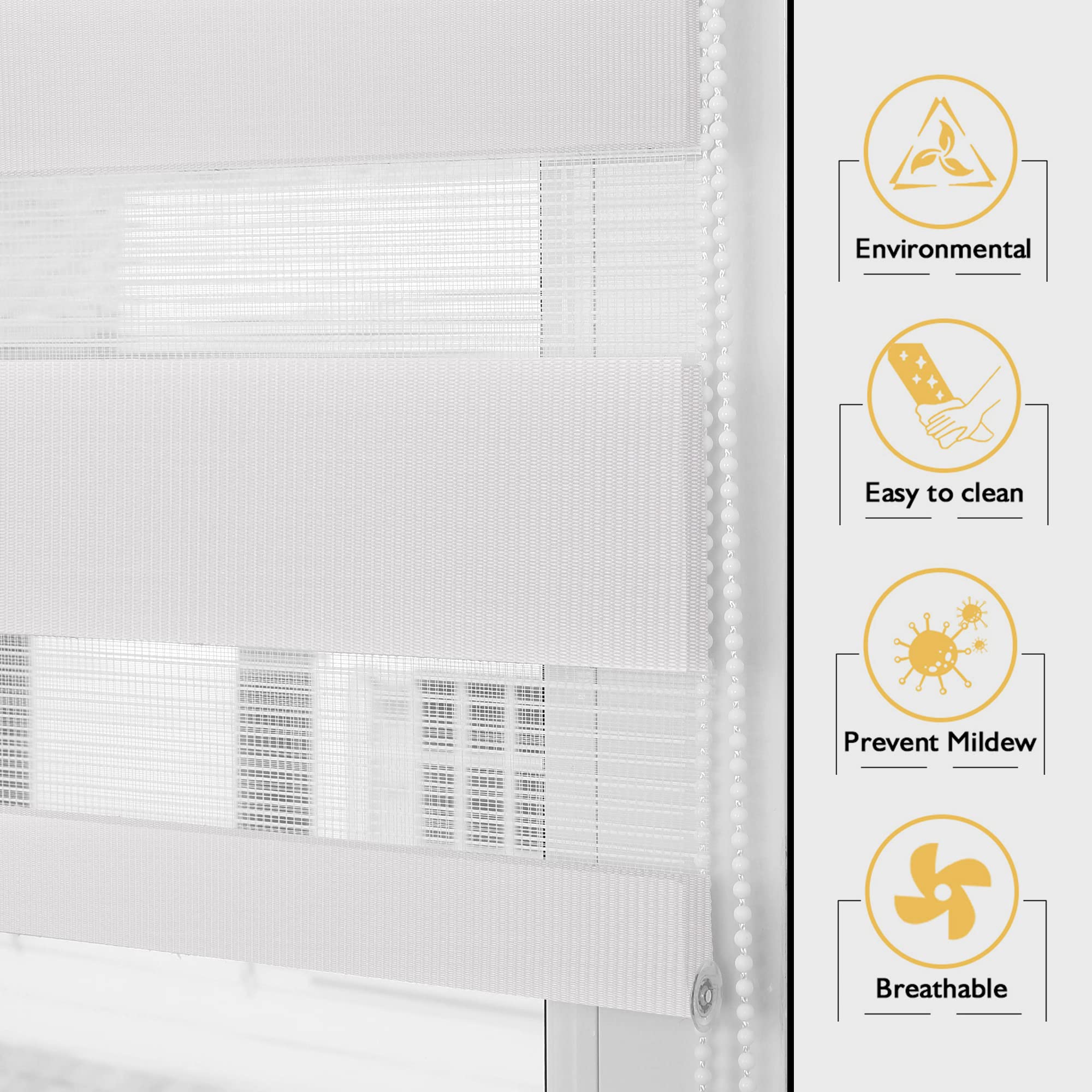 BelleMax Day and Night Roller Blind, Double Fabric, No Drilling, Translucent Blackout Privacy Protection, for Windows and Doors (Fabric Width 40 cm), White, 40 x 150 cm - 3