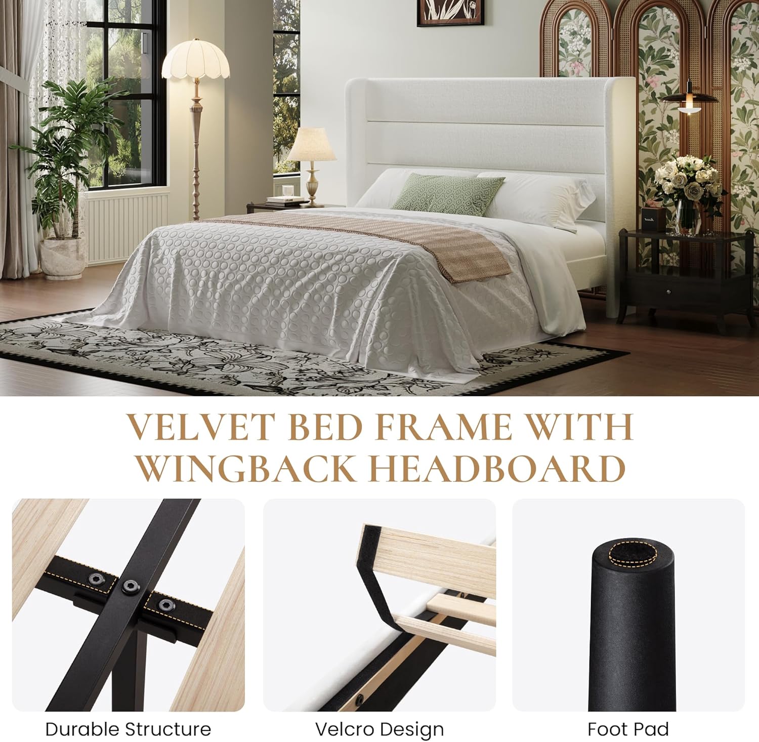 SHA CERLIN Full Size Velvet Bed Frame with Wingback Headboard/Upholstered Platform Bed with Wooden Slats/Mattress Foundation/No Box Spring Needed/Easy Assembly/White