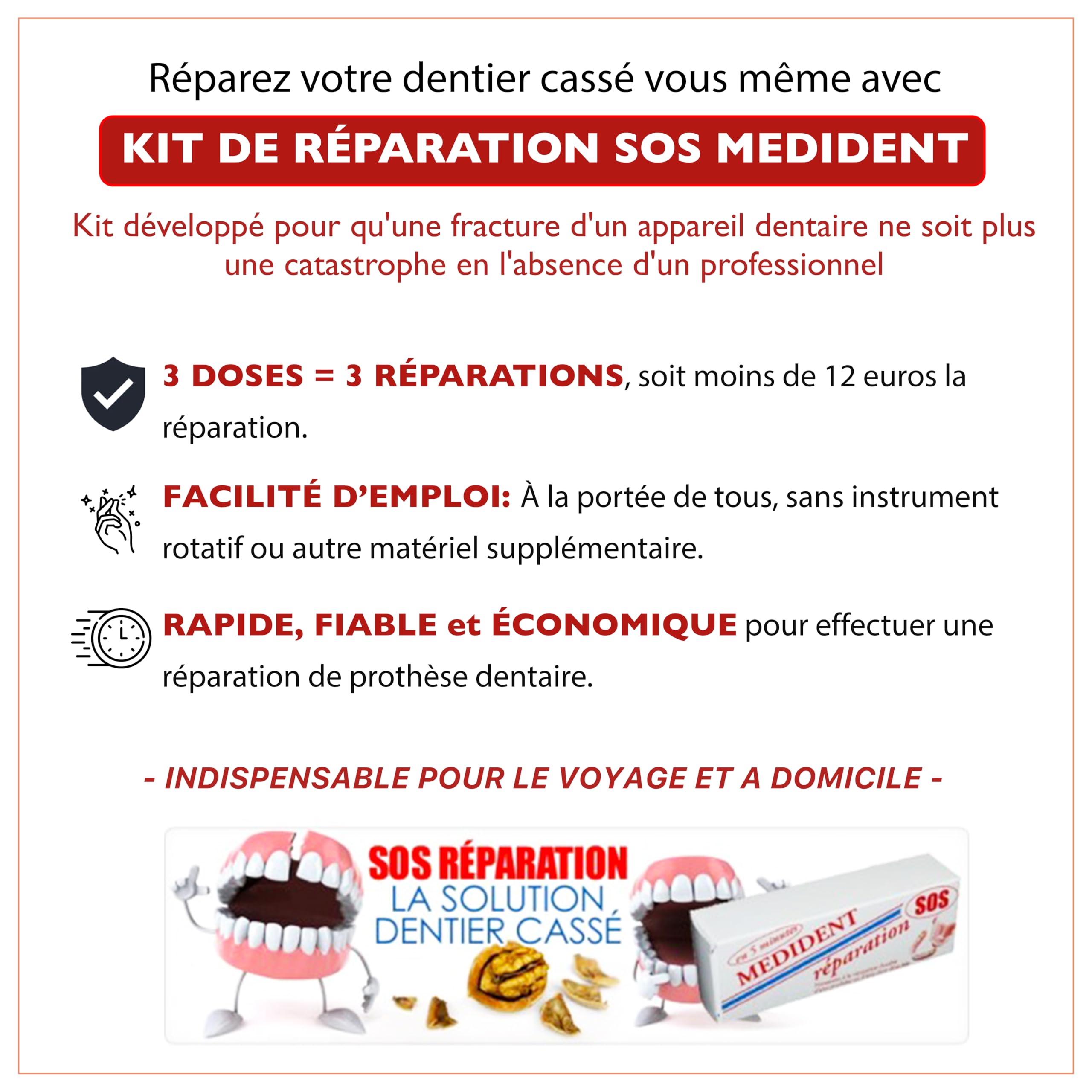 MEDIDENT- SOS REPARATION DENTIER -Réparez votre dentier cassé vous même-Nécessaire pour 3 utilisations