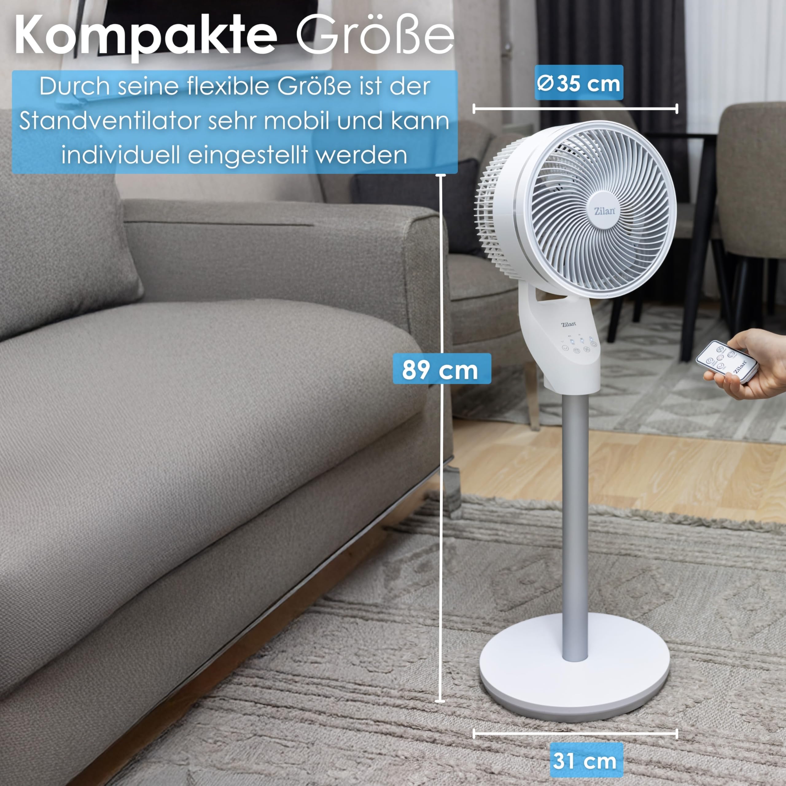 Zilan Standventilator leise mit Fernbedienung kraftvoller Ventilator mit Timer 60W energiesparend 3 Stufen hoher Luftdurchsatz oszillierend Bodenventilator Aircooler Standlüfter (Weiß mit FB)