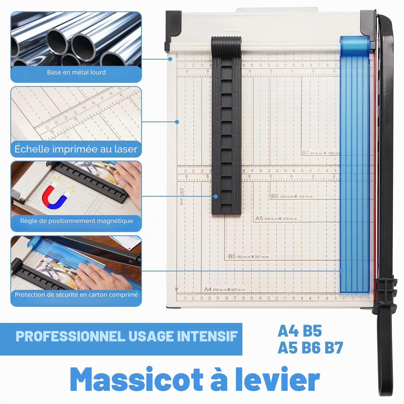 A4 Massicot, Coupe Papier avec Base en Métal, Protection de Sécurité et Ajusteur de Papier Magnétique, B5 A5 B6 B7 Guillotine pour Home, Capacité 15 feuilles, Parfait pour Photo, Papier (Blanc)