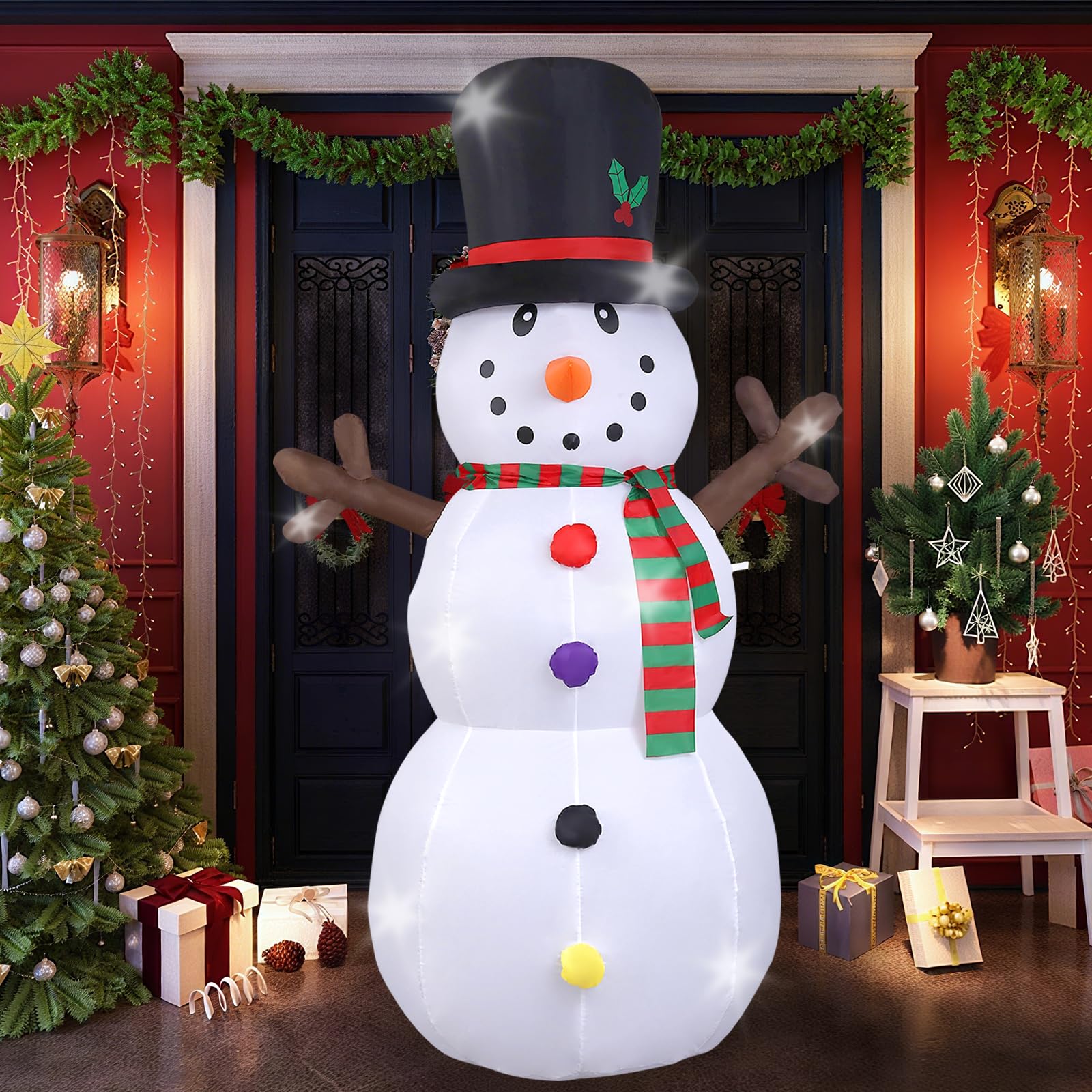 Bonhomme de Neige de Noël Gonflable, 240cm Bonhomme de Neige avec Lumières LED, Décoration de Noël avec des Pieux de Cordes Fixes, Décoration du Modèle pour Jardin Fête Intérieur Extérieur -1250mA/15W