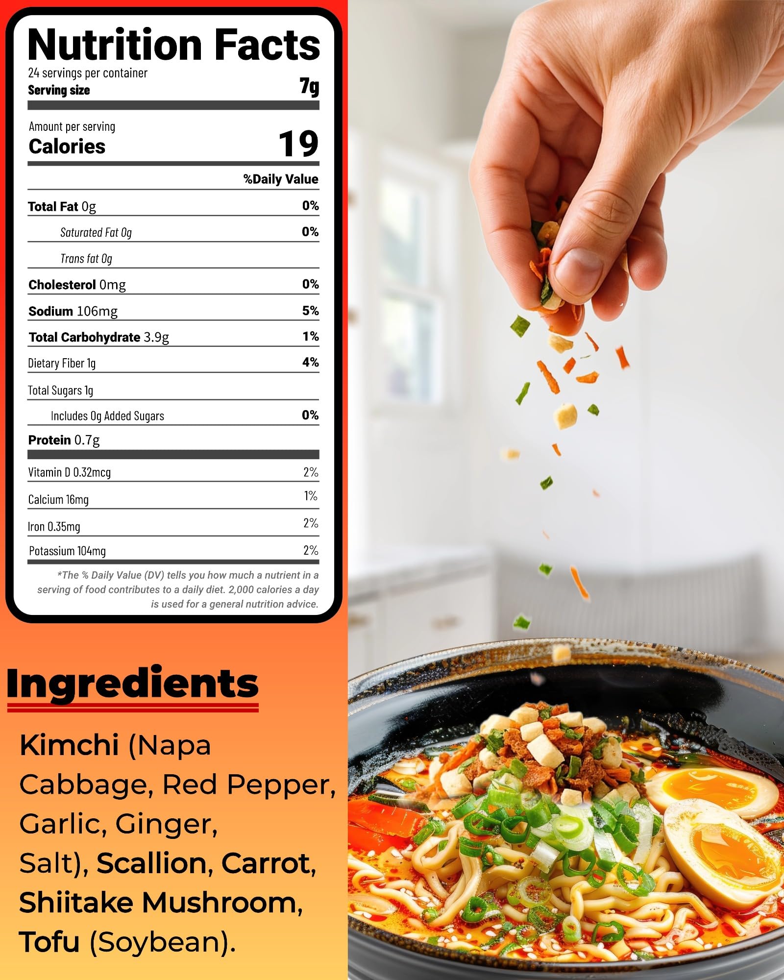 Dried Kimchi Ramen Toppings 6oz - 5 Ingredients Korean-Style Dehydrated Vegetable Mix, Vegan, No MSG, Preservative Free, Dried Vegetables for Instant Ramen Noodles, Soup (170g)