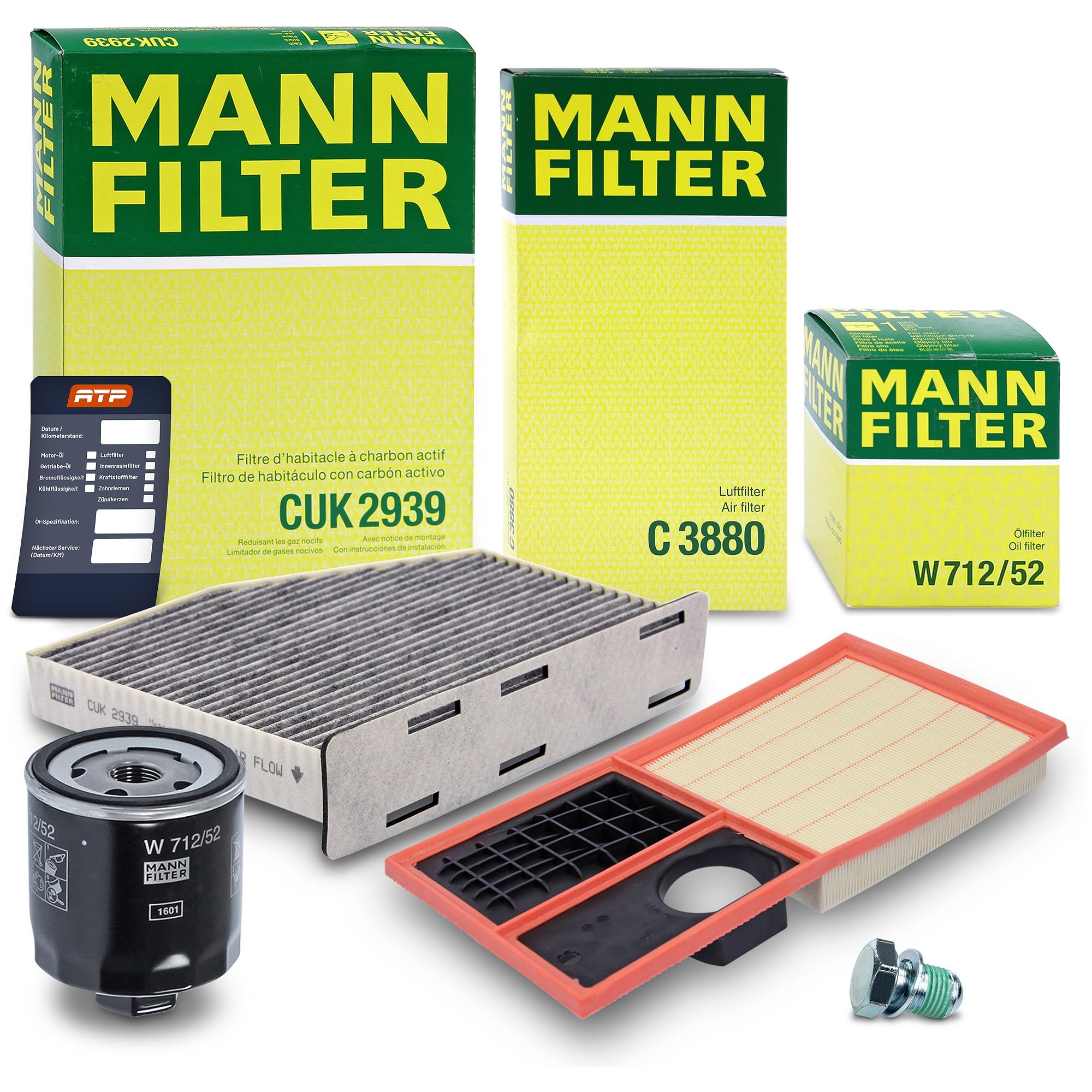 MANN-FILTER Inspektionspaket Filterset 1x Ölfilter, 1x Luftfilter, 1x Innenraumfilter (Aktivkohlefilter), Kompatibel mit SEAT ALTEA, LEON, SKODA OCTAVIA 2, VW CADDY, GOLF PLUS 5, GOLF 5, GOLF 6