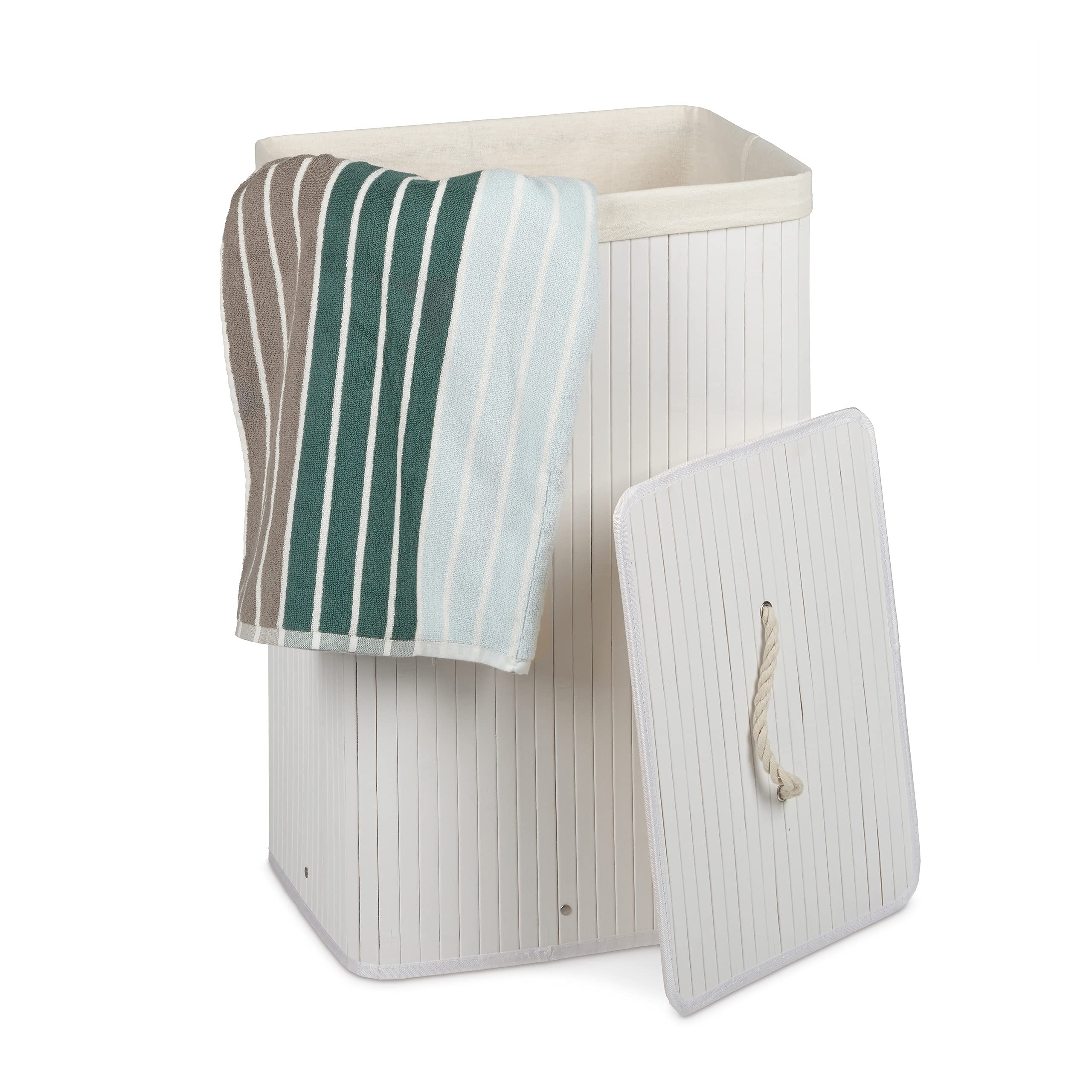 Relaxdays Cesto Ropa Sucia Plegable, Cubo Colada Rectangular con Tapa, Bambú, 83 L, 65,5 x 43,5 x 33,5 cm, Blanco