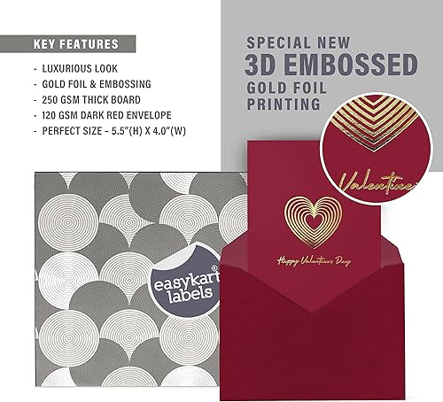 Miniatura 5 de easykart labels 20 tarjetas de felicitación del día de San Valentín con lámina dorada, papel autoadhesivo rojo oscuro con sobre rojo, 5.5 x 4
