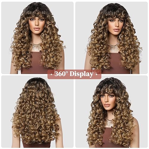 Miniatura 2 de LONAI - Peluca rubia rizada larga con flequillo para mujer WIG006, peluca de pelo sintético, estilo vintage, para uso diario, fiesta, disfraz -