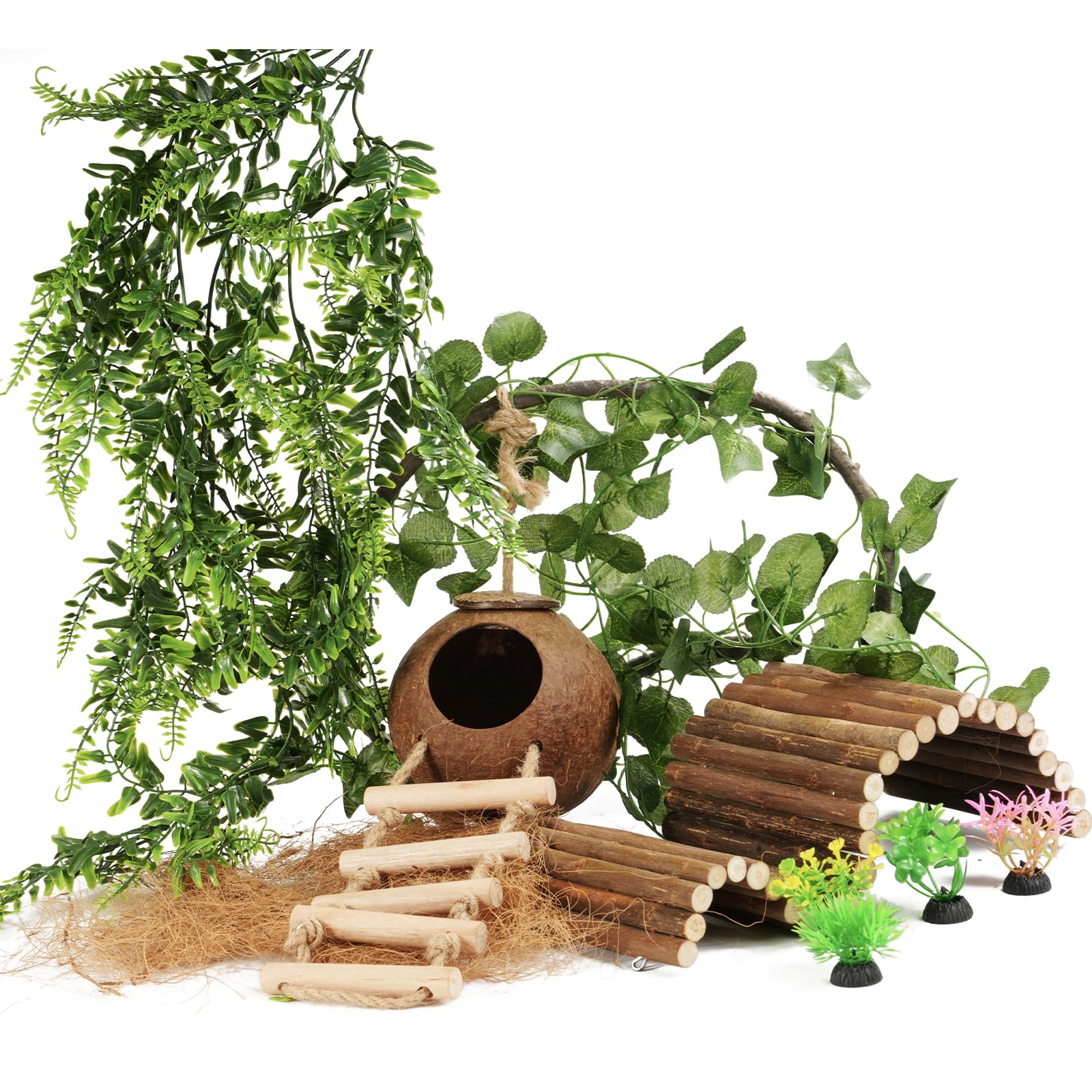 10PCS Crested Gecko Tank Accessories, Reptile Plants Bridge Vines, Coconut Shell with Ladder for Lizard, Chameleon Cage, Snakes, Hermit Crab, Leopard
