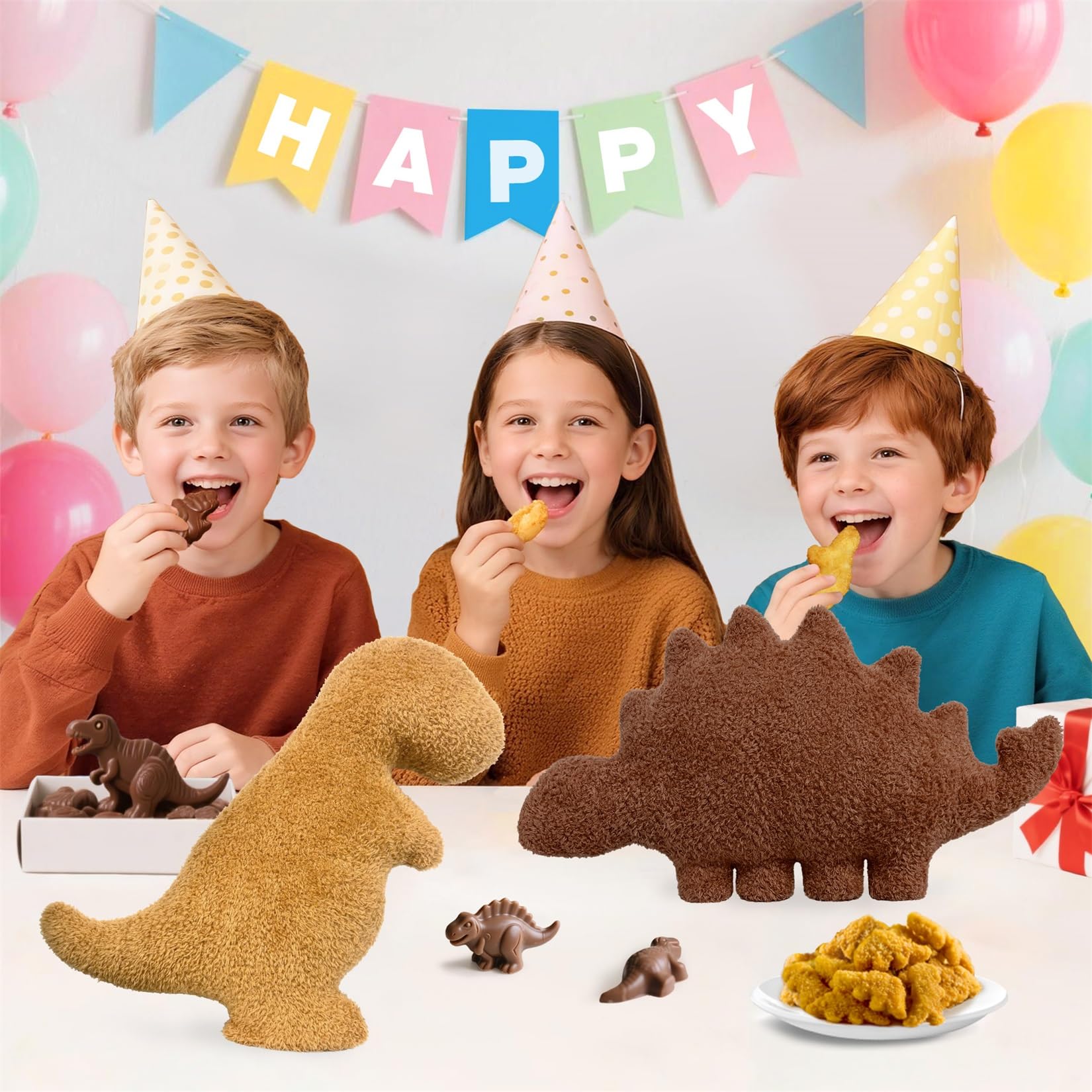 Andywoo Dino Nuggets poduszka z kurczakiem, poduszka z dinozaurem i czekoladą, pluszowa zabawka na zabawne prezenty urodzinowe dla chłopców i dziewcząt, prezenty dinozaurów dla dzieci