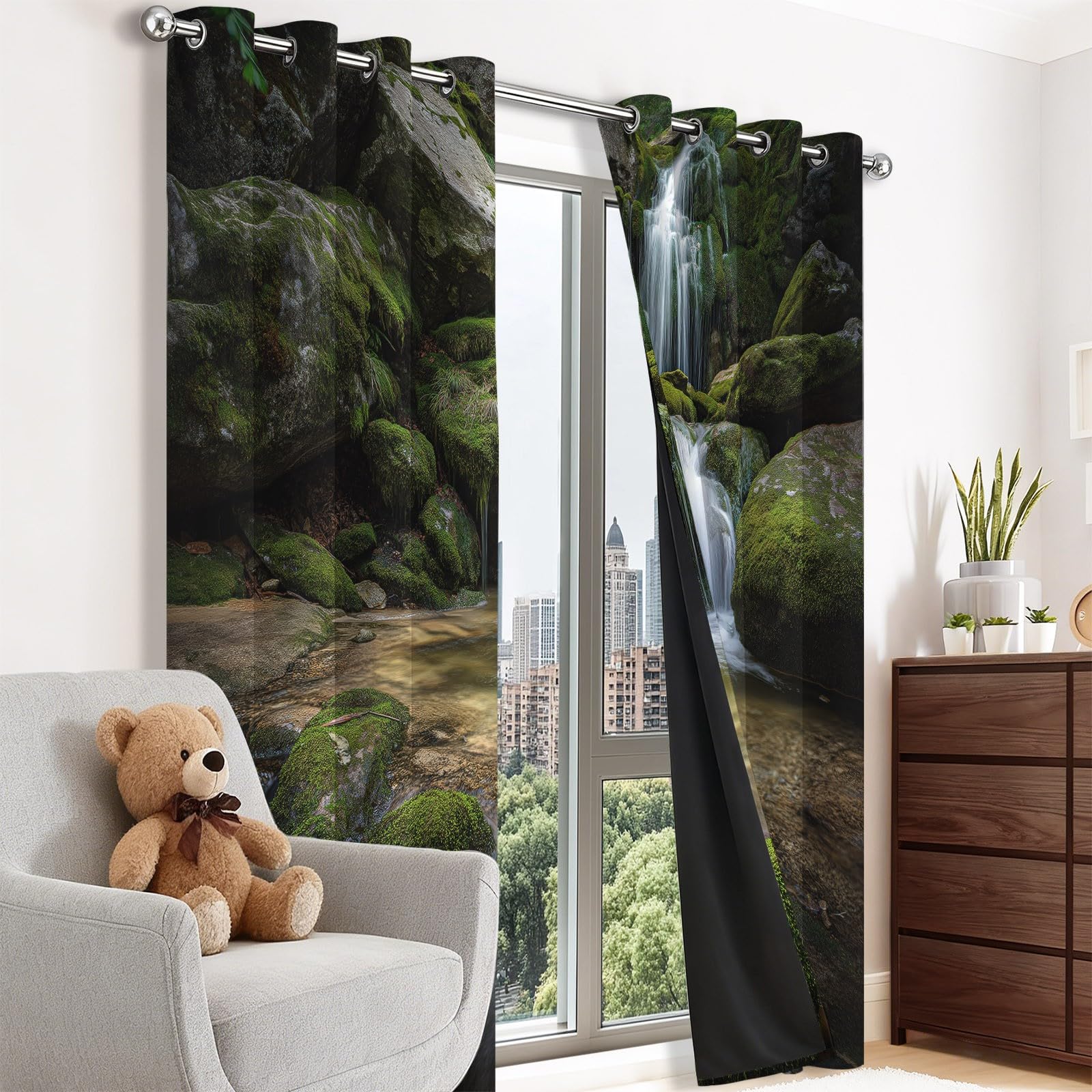 Kräuselband Gardinen Grün Blickdicht 2er Set H183×B117 cm, Natur Wald Moos Wasserfall Verdunklungsgardine mit ösen, Thermovorhang Hitzeschutz Vorhänge für Wohnzimmer & Schlafzimmer