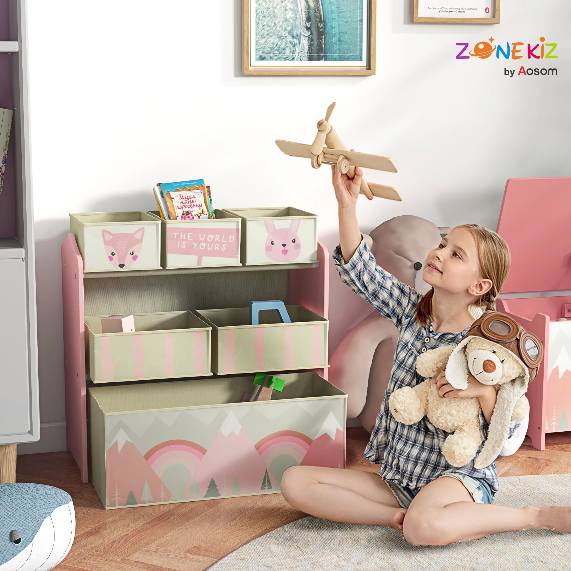 ZONEKIZ Regał dla dzieci z 6 wyjmowanymi pojemnikami, Różowy