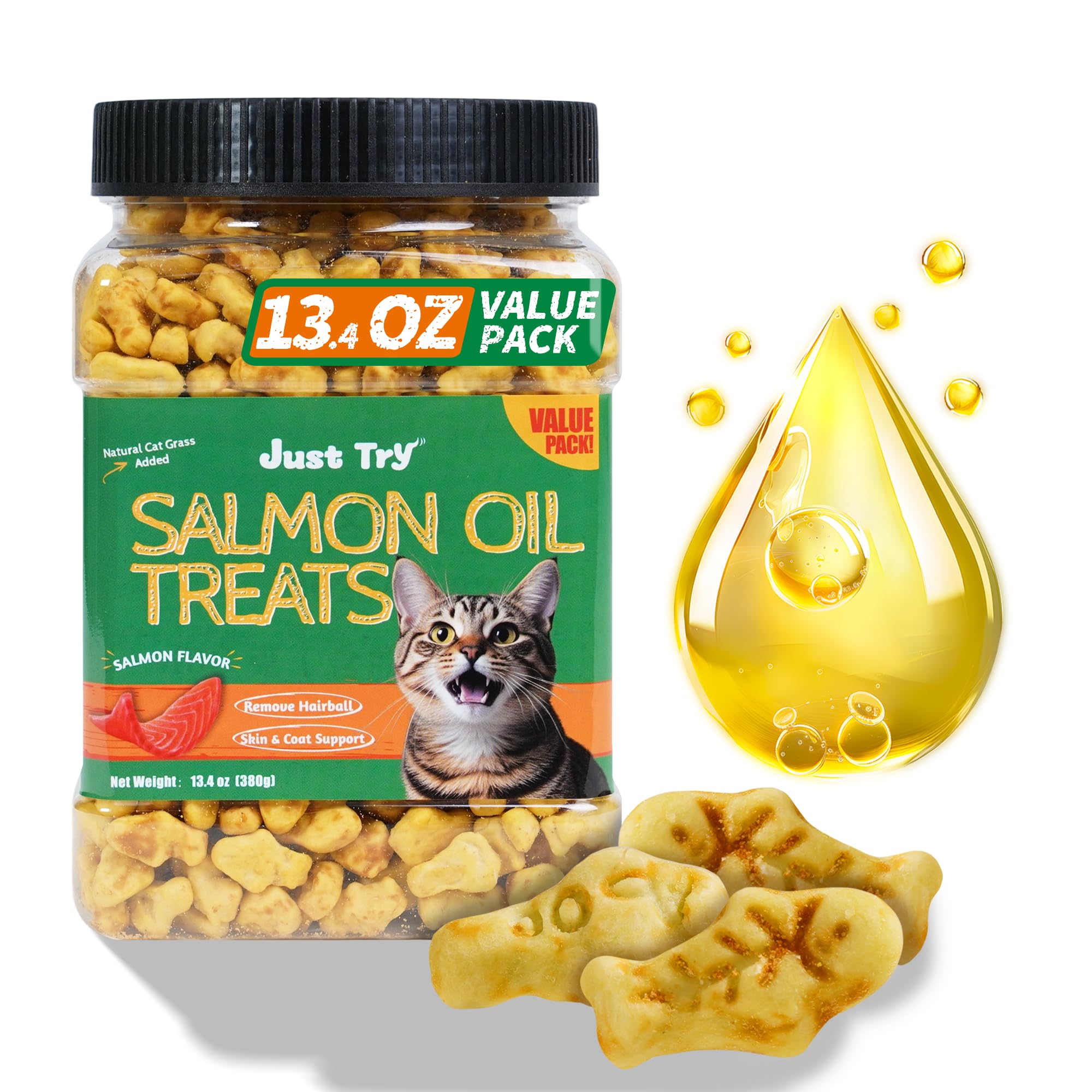 Just Try 13.4 0Z Cat Grass Treats Salmon Oil Natural Salmon Kitten Healthy Cat Treats Training Biscuits Snacks Fish Oil Omega 3 Supplements for Cats Joint Support & Skin Coat Health